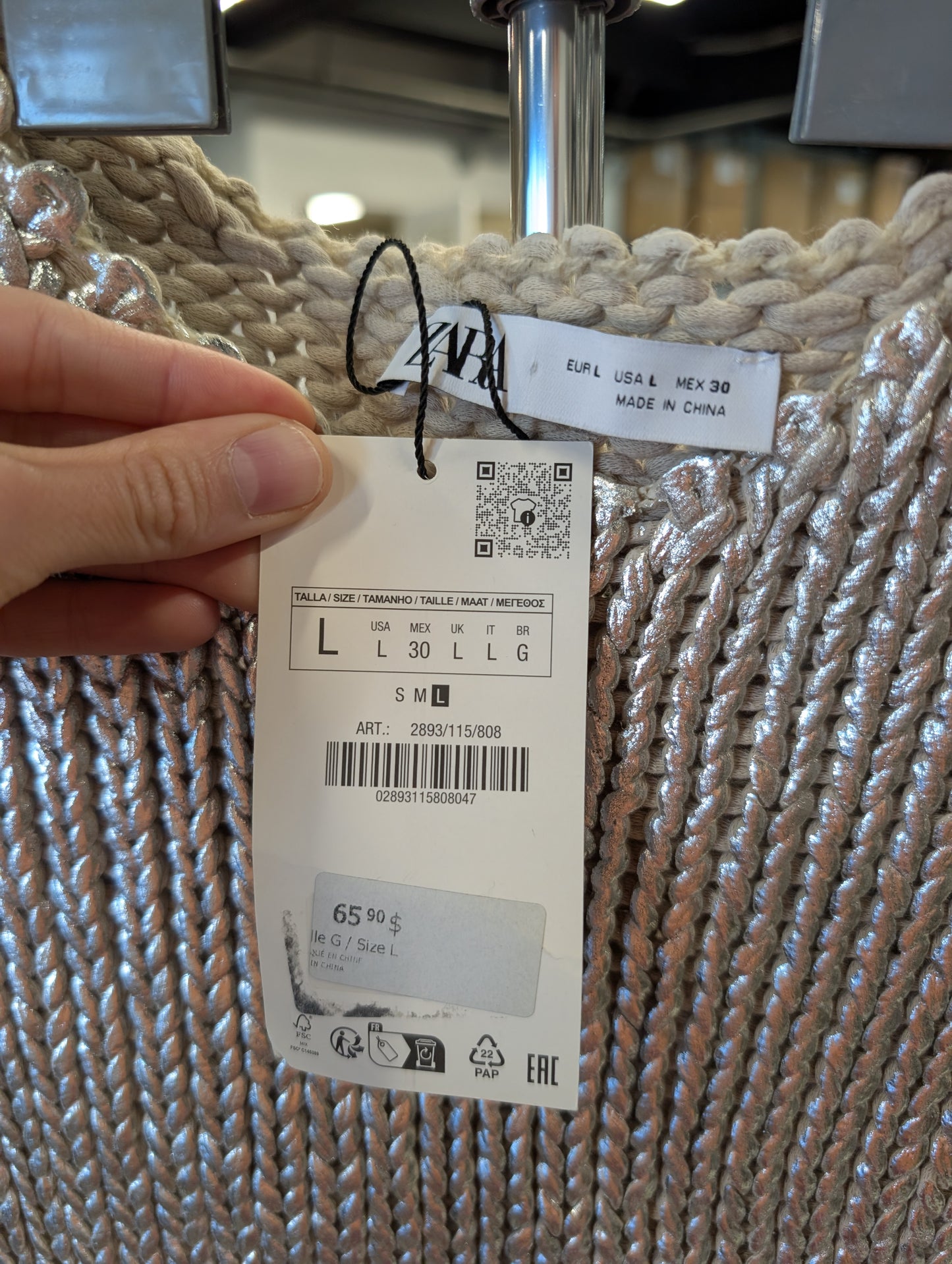 Zara Silver Metallic Knit Sleeveless Top, Size L
