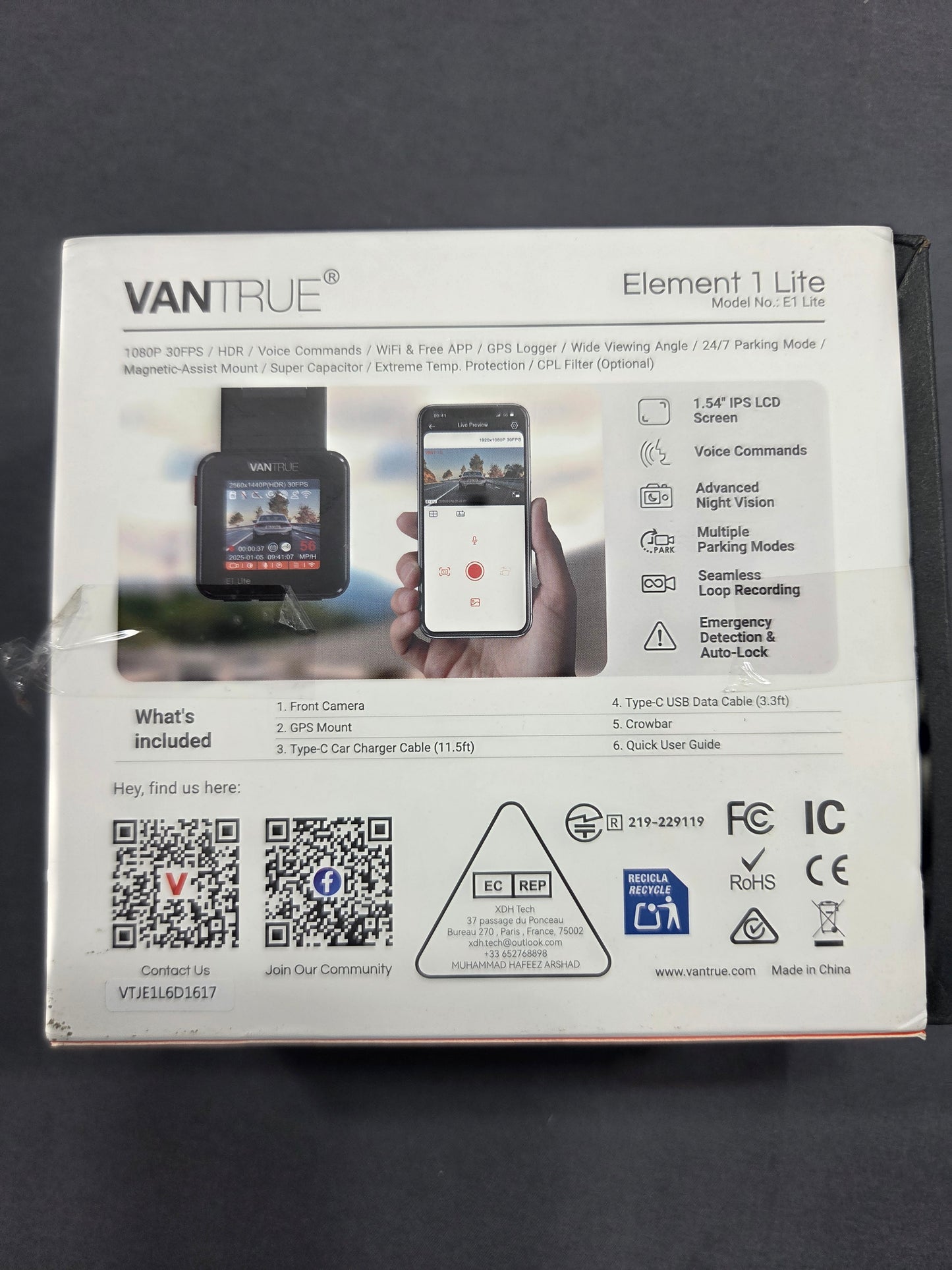Vantrue Element E1 Lite Dash Cam 1080P HDR WiFi Voice Commands GPS