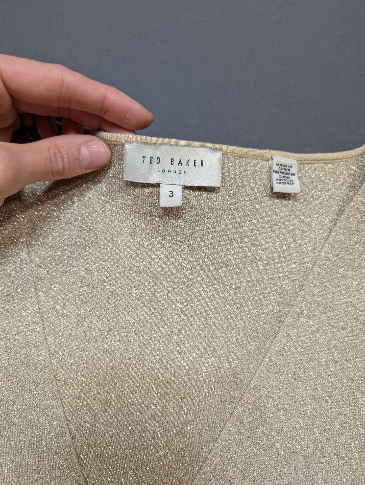 Ted Baker London Women's Gold Metallic V-Neck Sweater Size 3 (M)