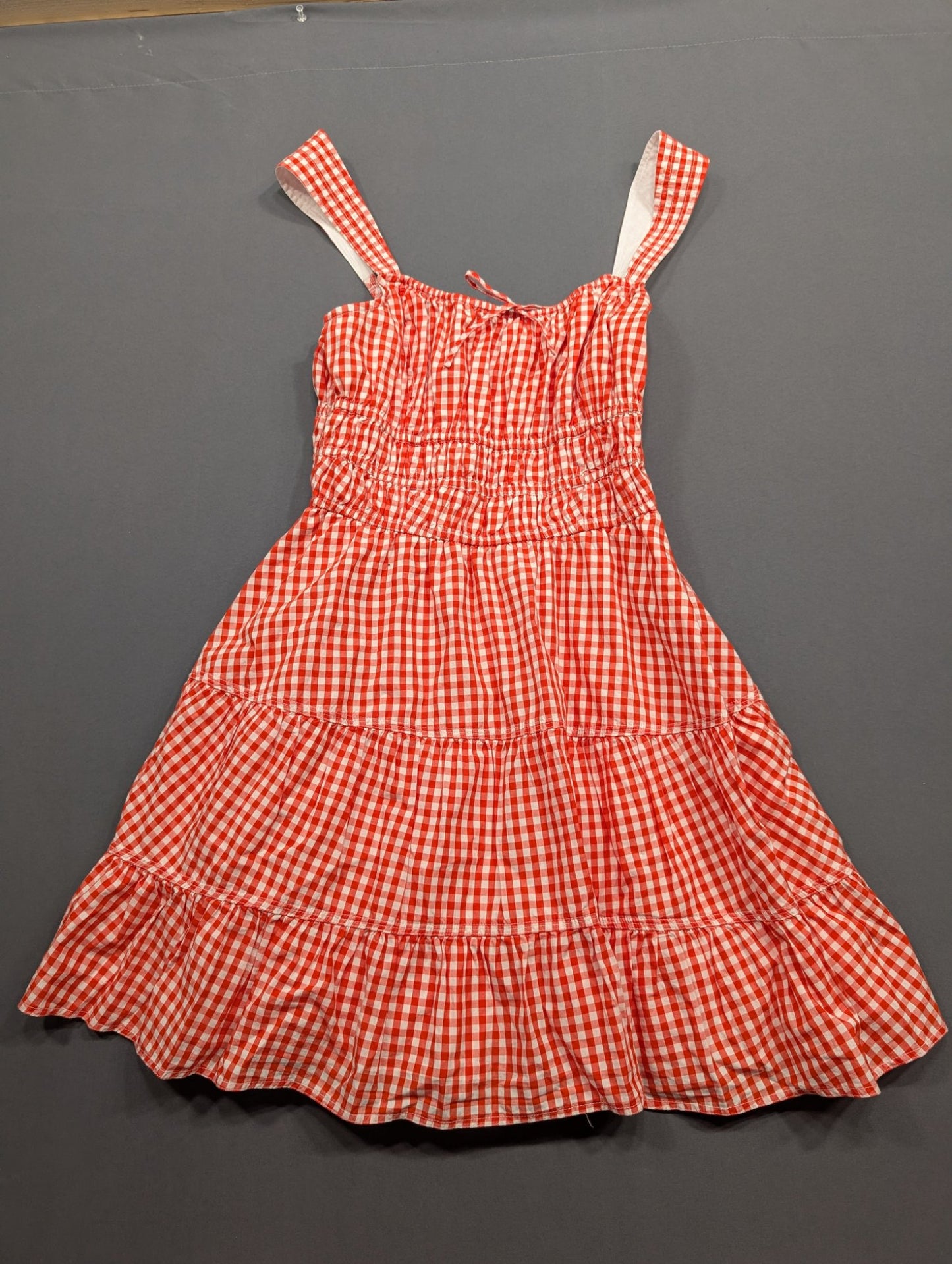 Red White Gingham Tiered Sundress Smocked Bodice Ruffle Midi