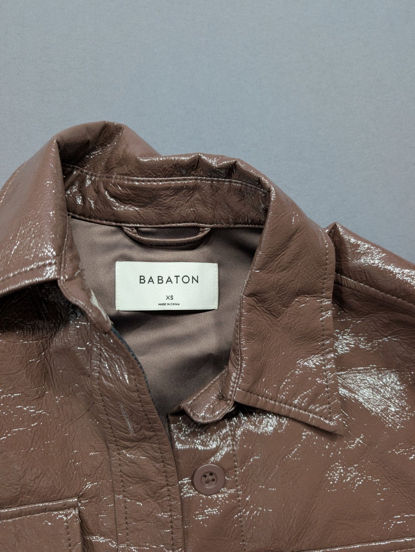 Babaton XS Brown Patent Faux Leather Belted Shirt Jacket Shacket