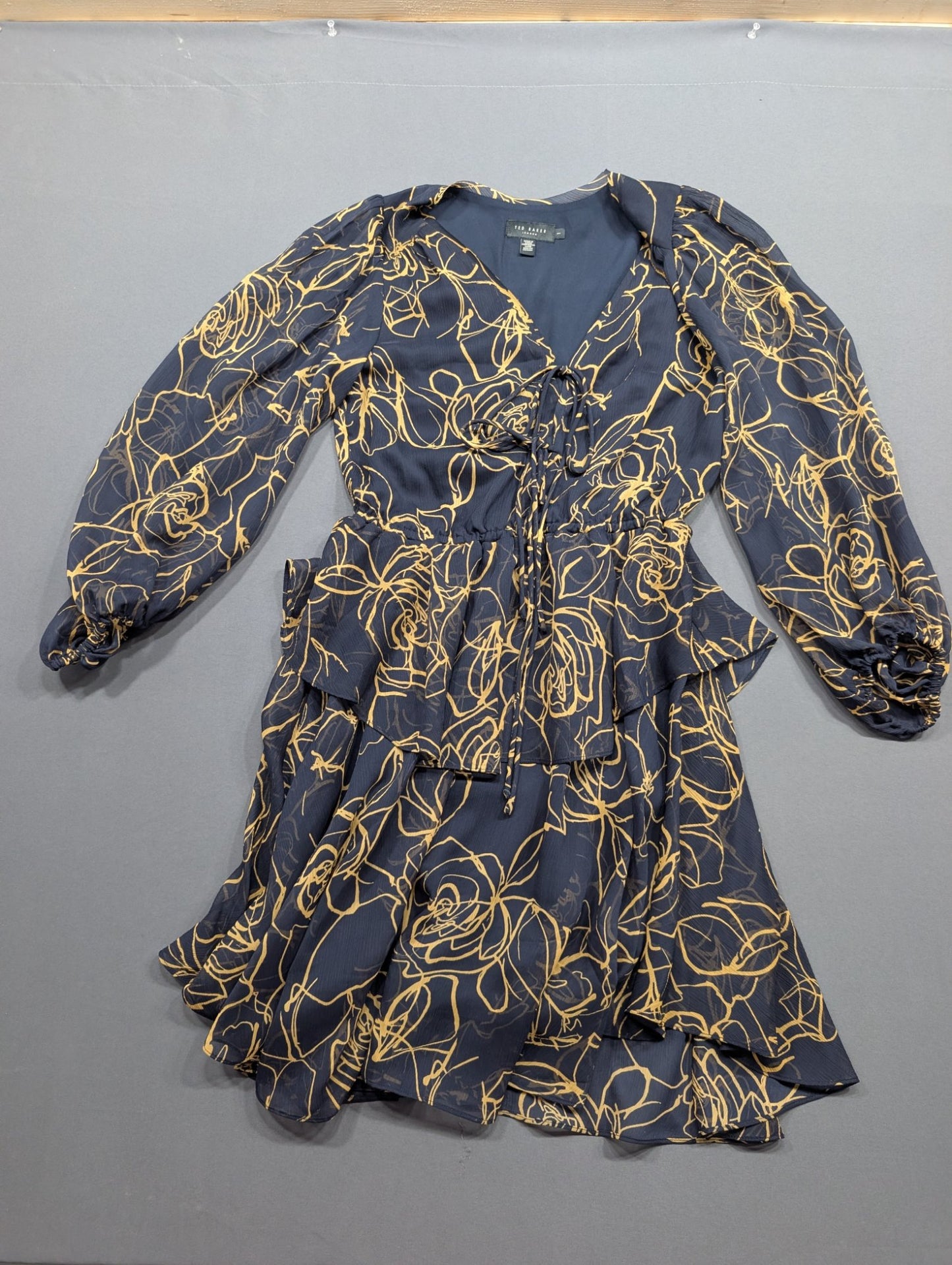 Ted Baker London Navy Gold Floral Ruffle Mini Dress Size 1 (S)