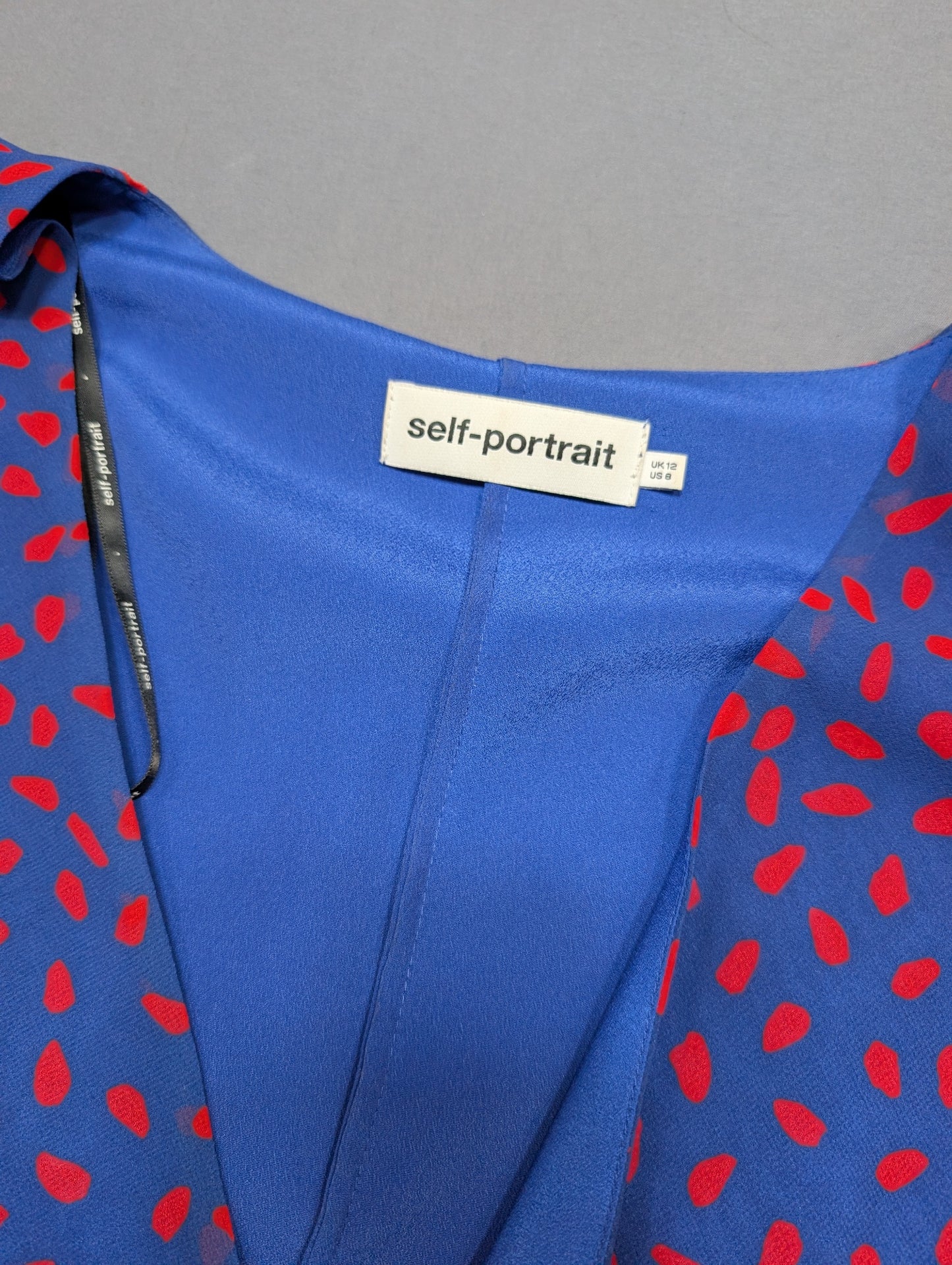 Self-Portrait Blue Red Spot Print Wrap Blouse Top UK12 US8 Long Sleeve
