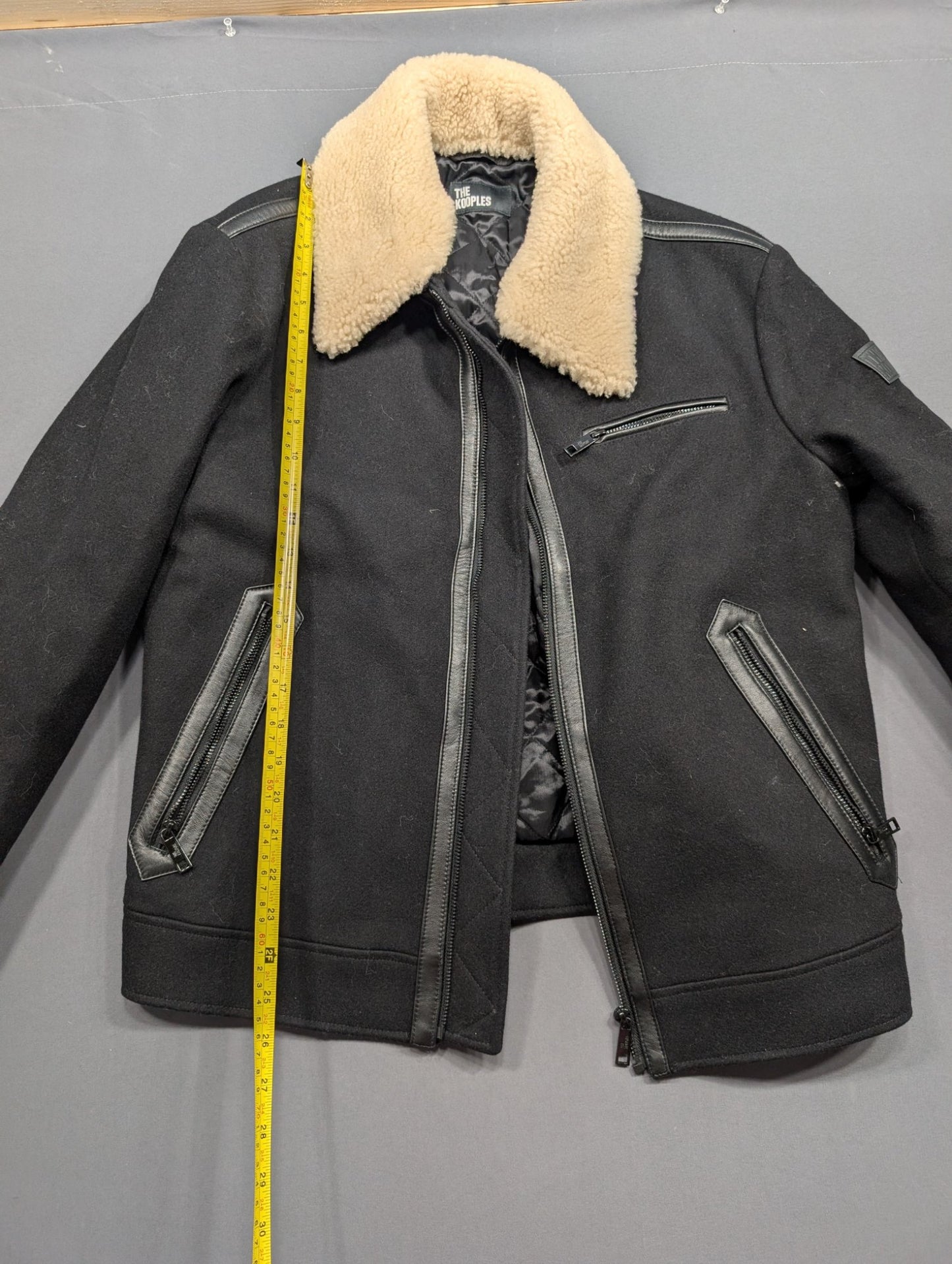 The Kooples Wool Moto Jacket Sherpa Collar Leather Trim Black Men M