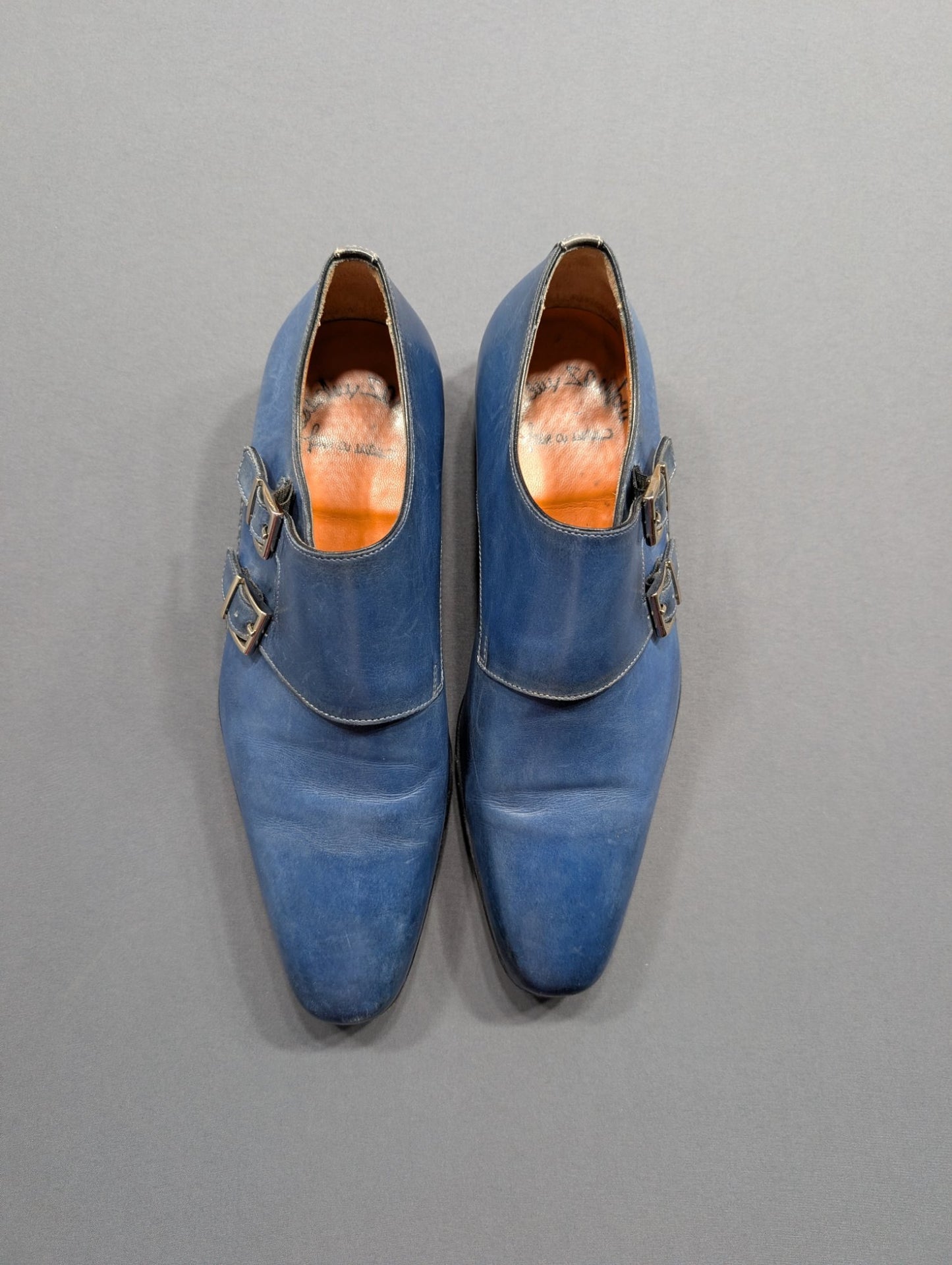 Santoni Blue Leather Double Monk Strap Dress Shoes Men