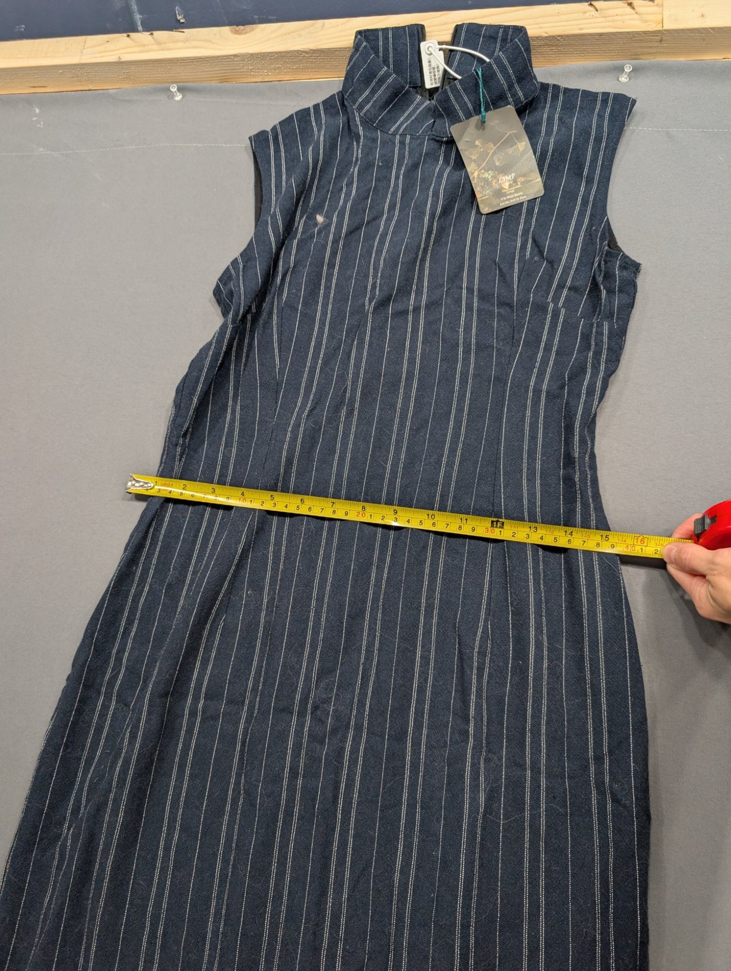 LIMP Online Navy Pinstripe Qipao Maxi Dress Size L NWT