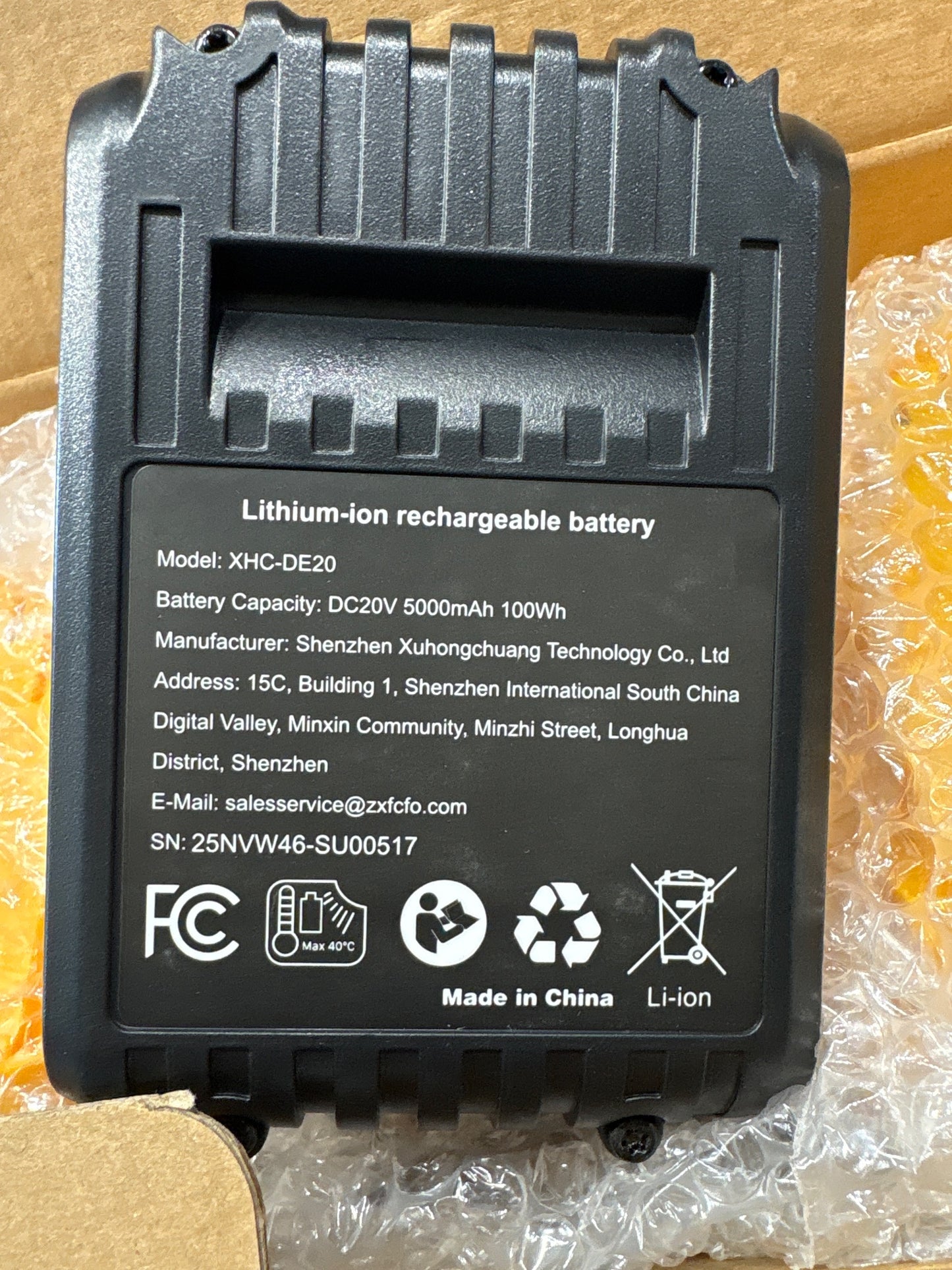 XHC-DE20 20V 5Ah Li-Ion Battery Pack DeWalt-Style 4-Pack 100Wh