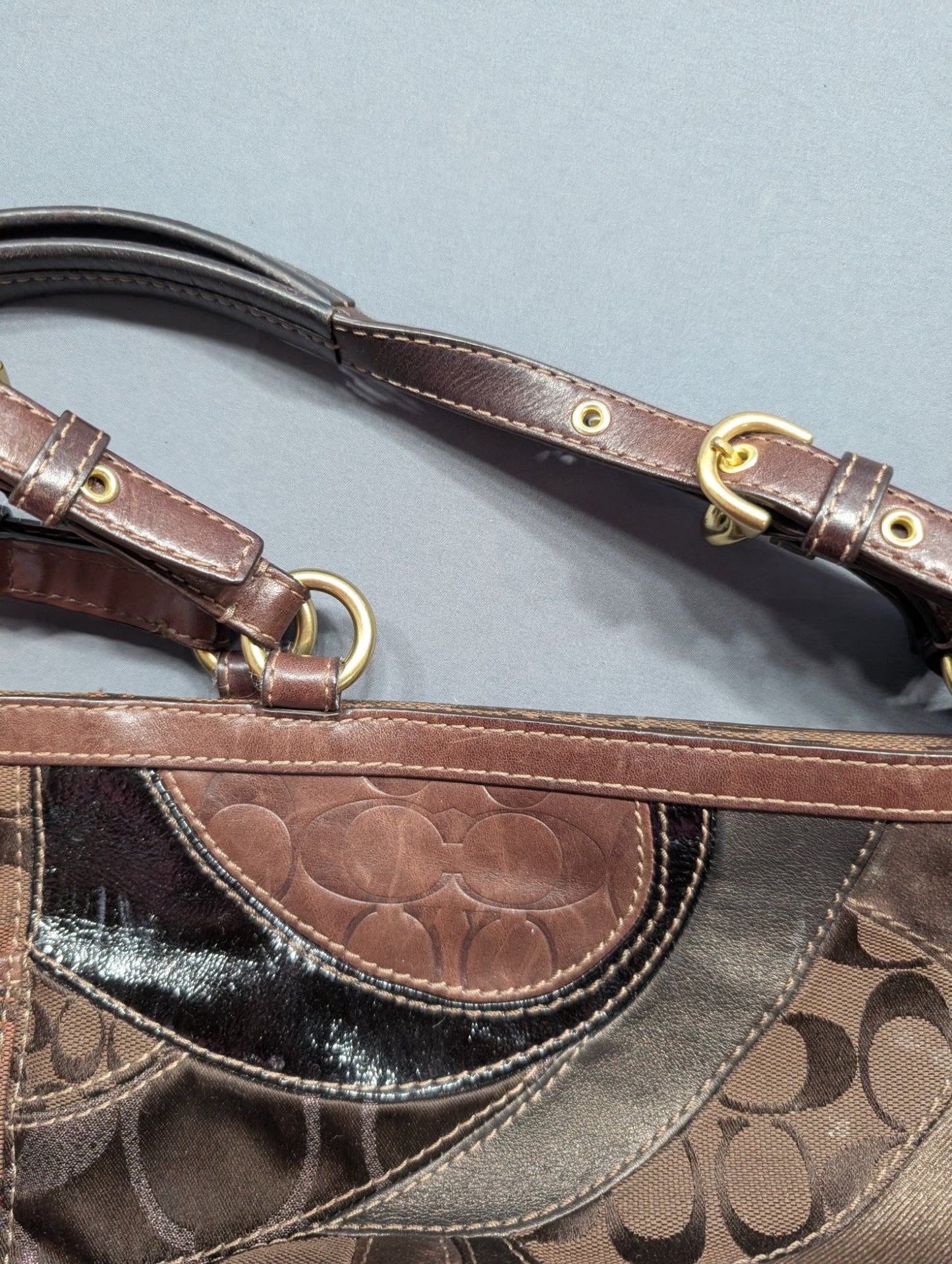Coach Signature Patchwork Tote Bag Brown Metallic Leather Handbag