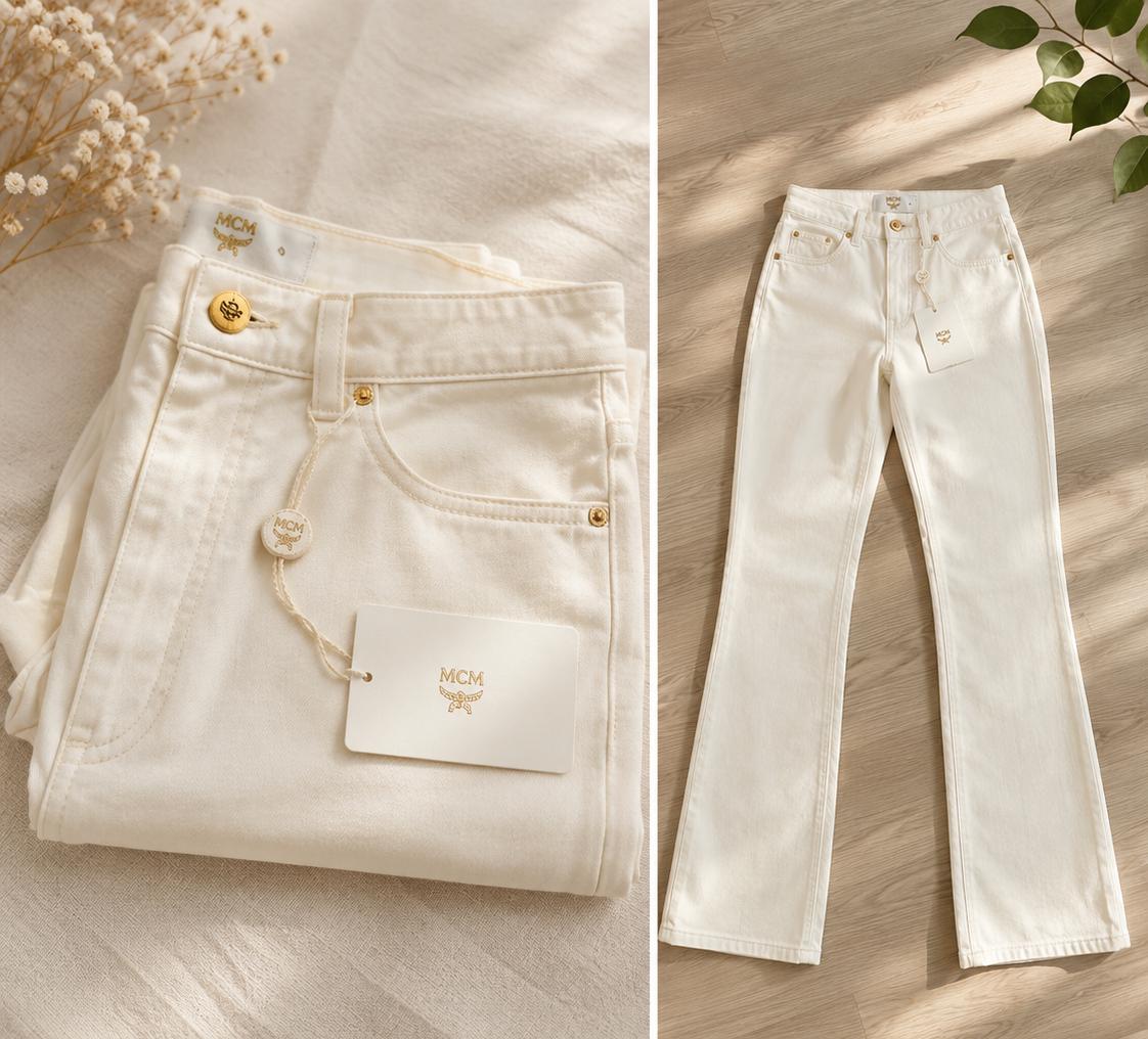 MCM Cream High-Rise Jeans with Gold Accents