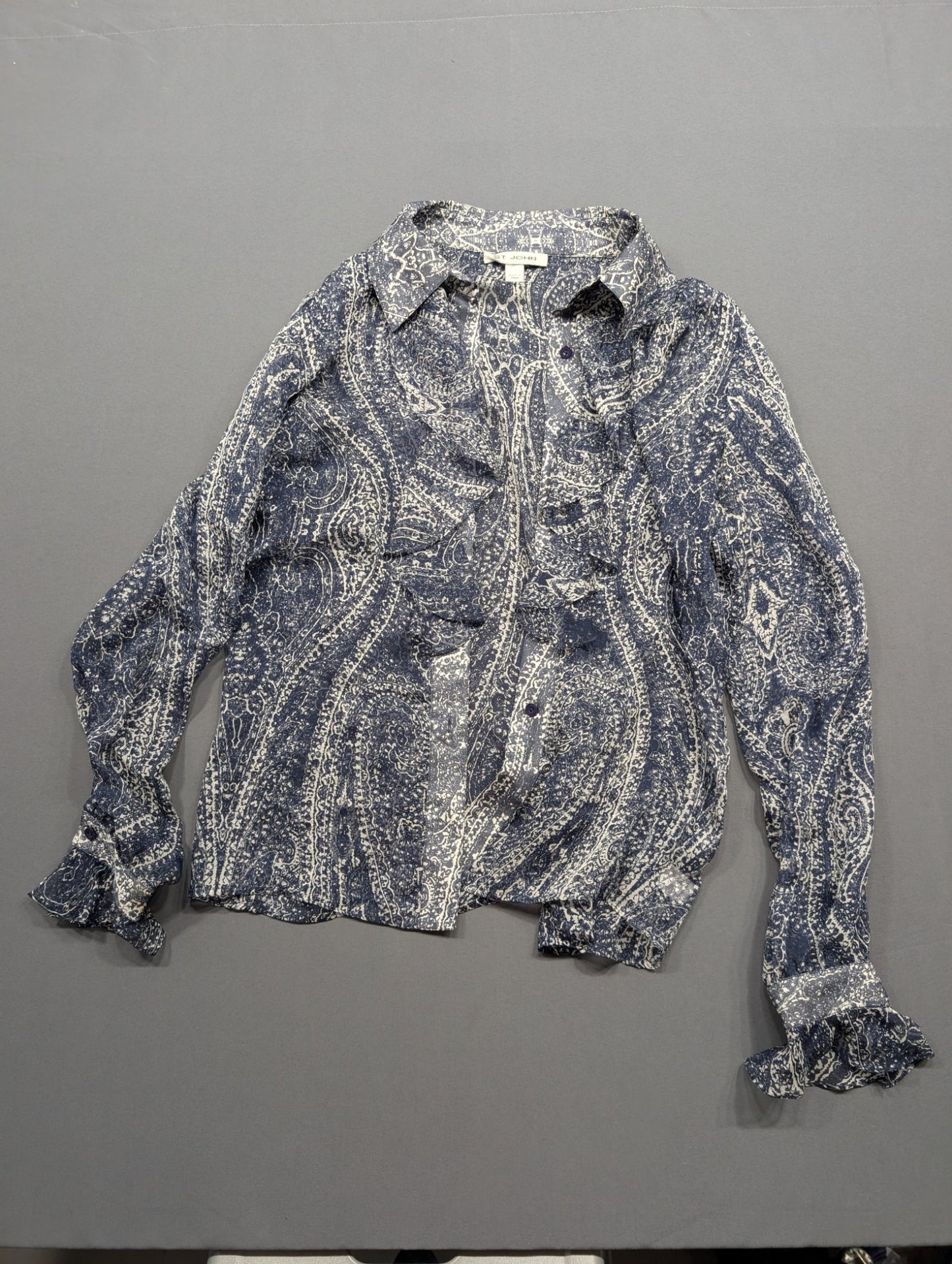 St. John Paisley Ruffle Blouse Blue White Button-Up Long Sleeve Top