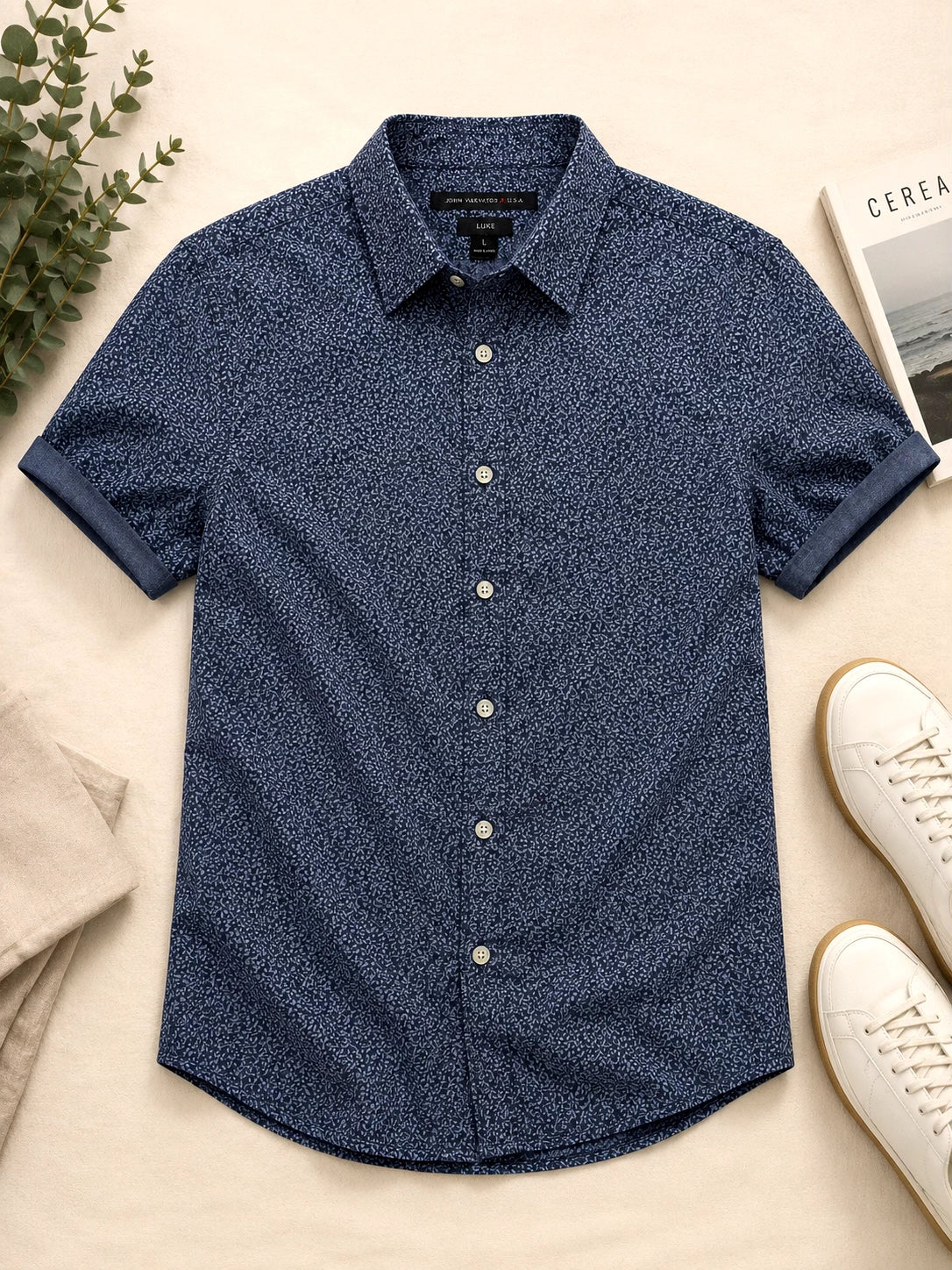 John Varvatos Luxe Navy Short Sleeve Button-Up Shirt, Size L
