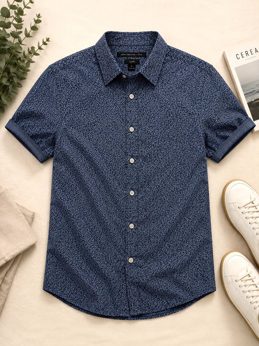 John Varvatos Luxe Navy Short Sleeve Button-Up Shirt, Size L