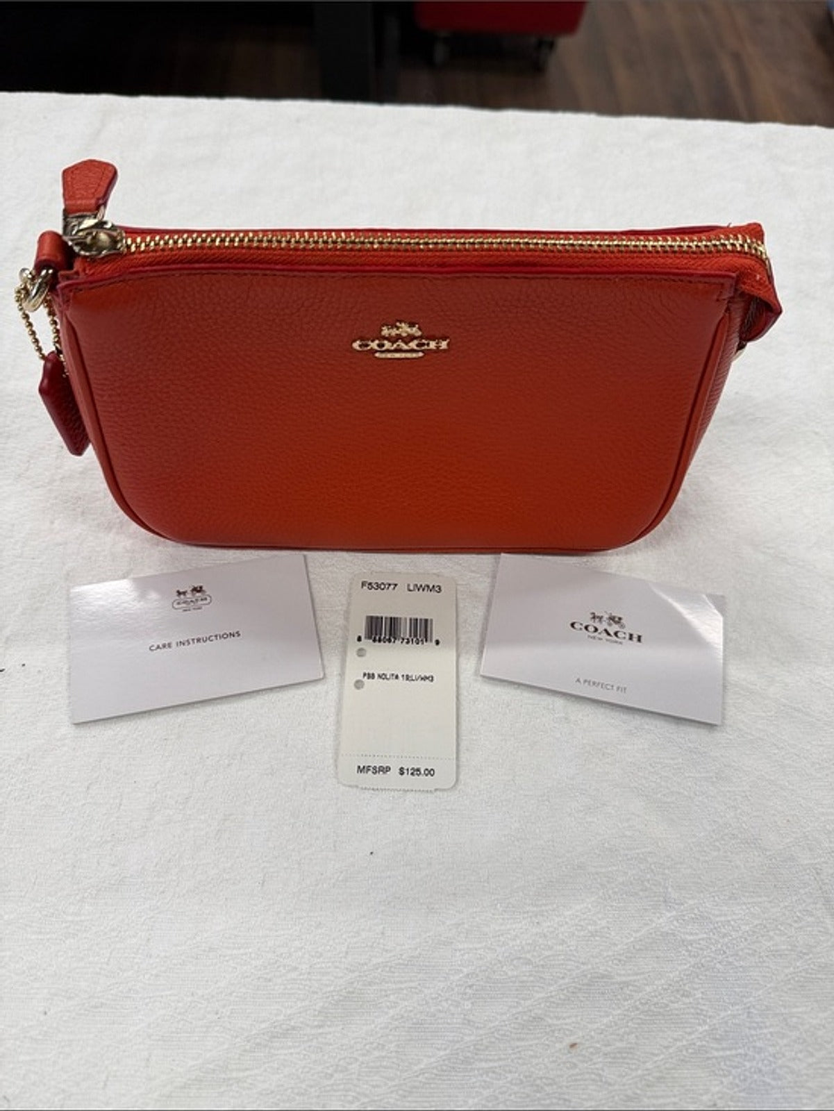 Coach Red Pebbled Leather Zip Wristlet with Gold Hardware