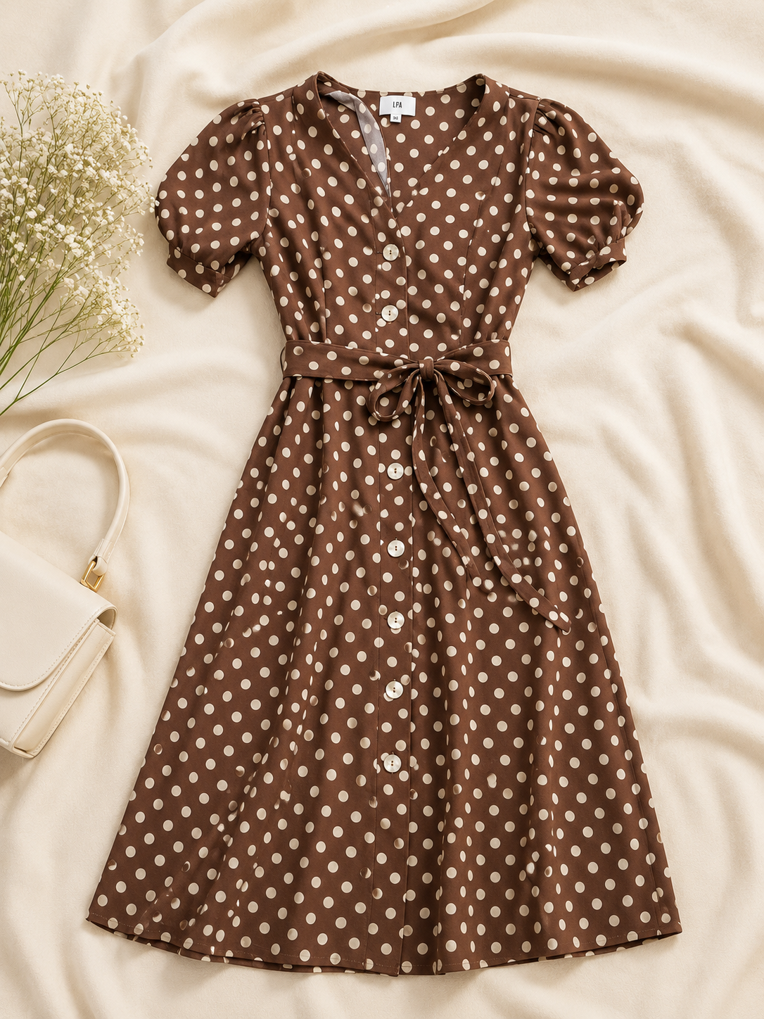 LPA XS Brown Polka Dot Button Front Midi Dress with Tie Waist