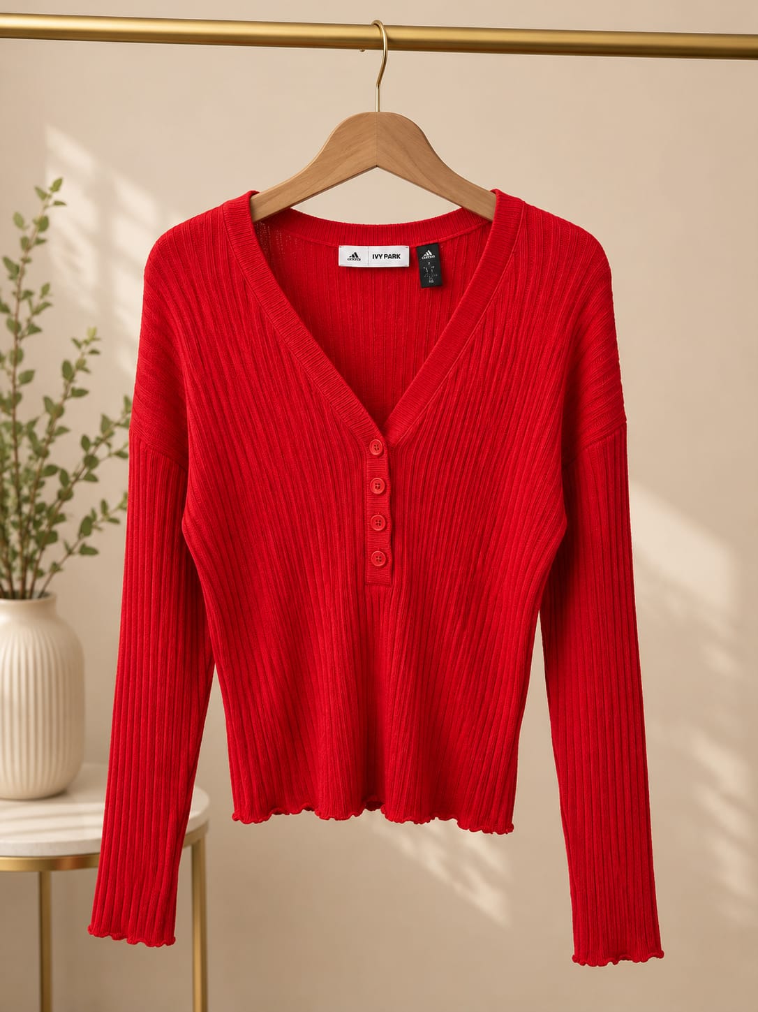 Ribbed V-Neck Long Sleeve Ivy Park x Adidas Top in Bright Red