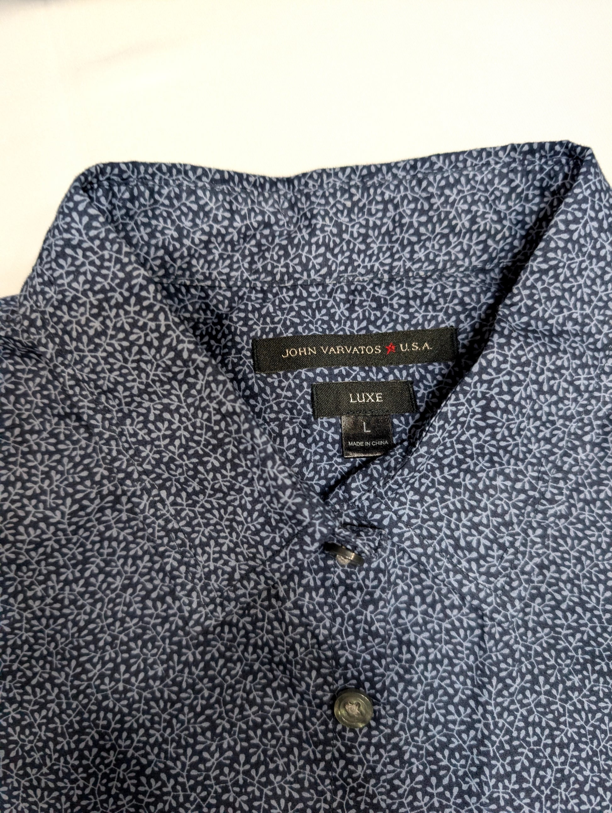 John Varvatos Luxe Navy Short Sleeve Button-Up Shirt, Size L