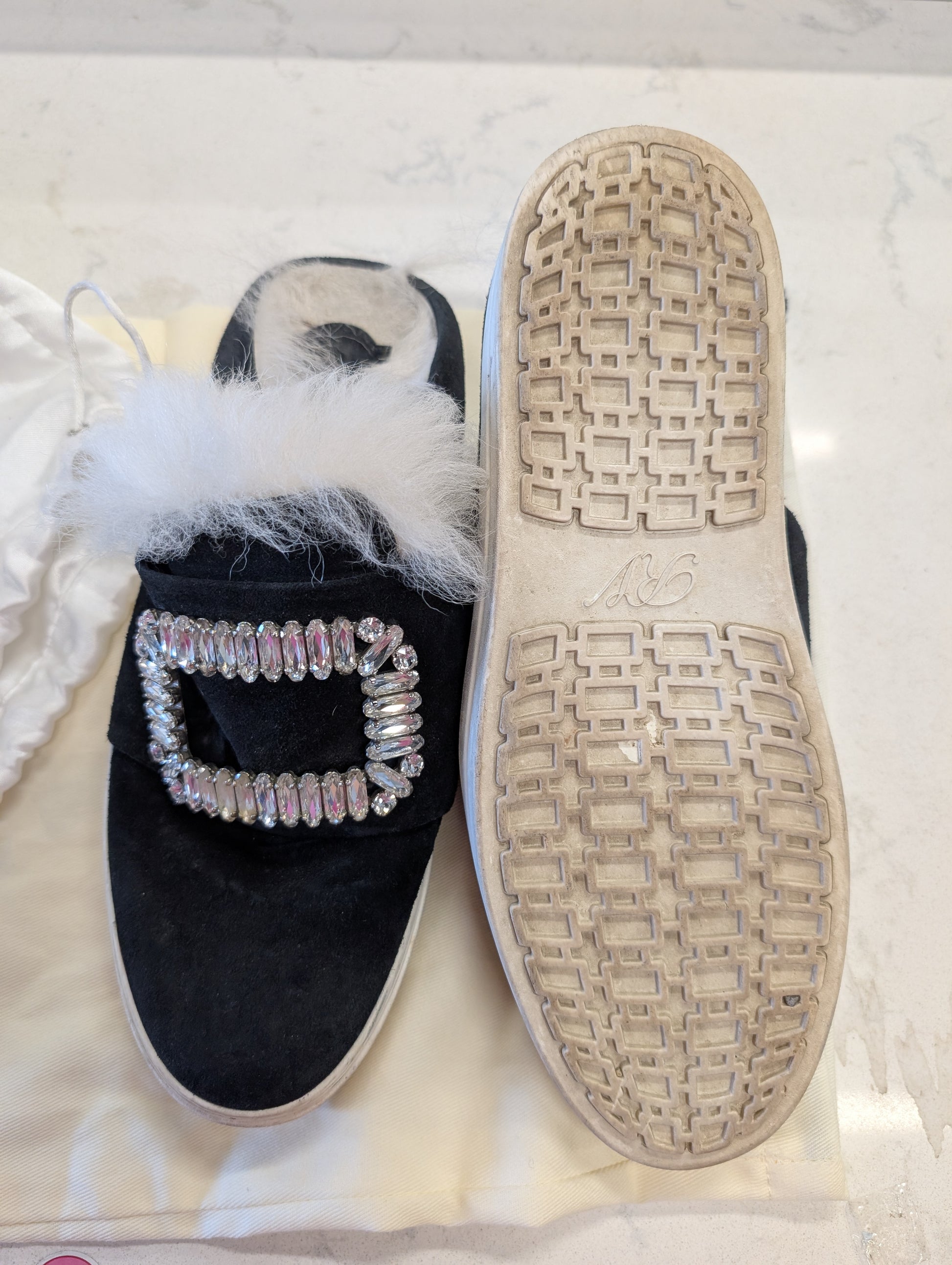 Roger Vivier Crystal Strass Buckle Fur Shearling Slippers w/ Dust Bag