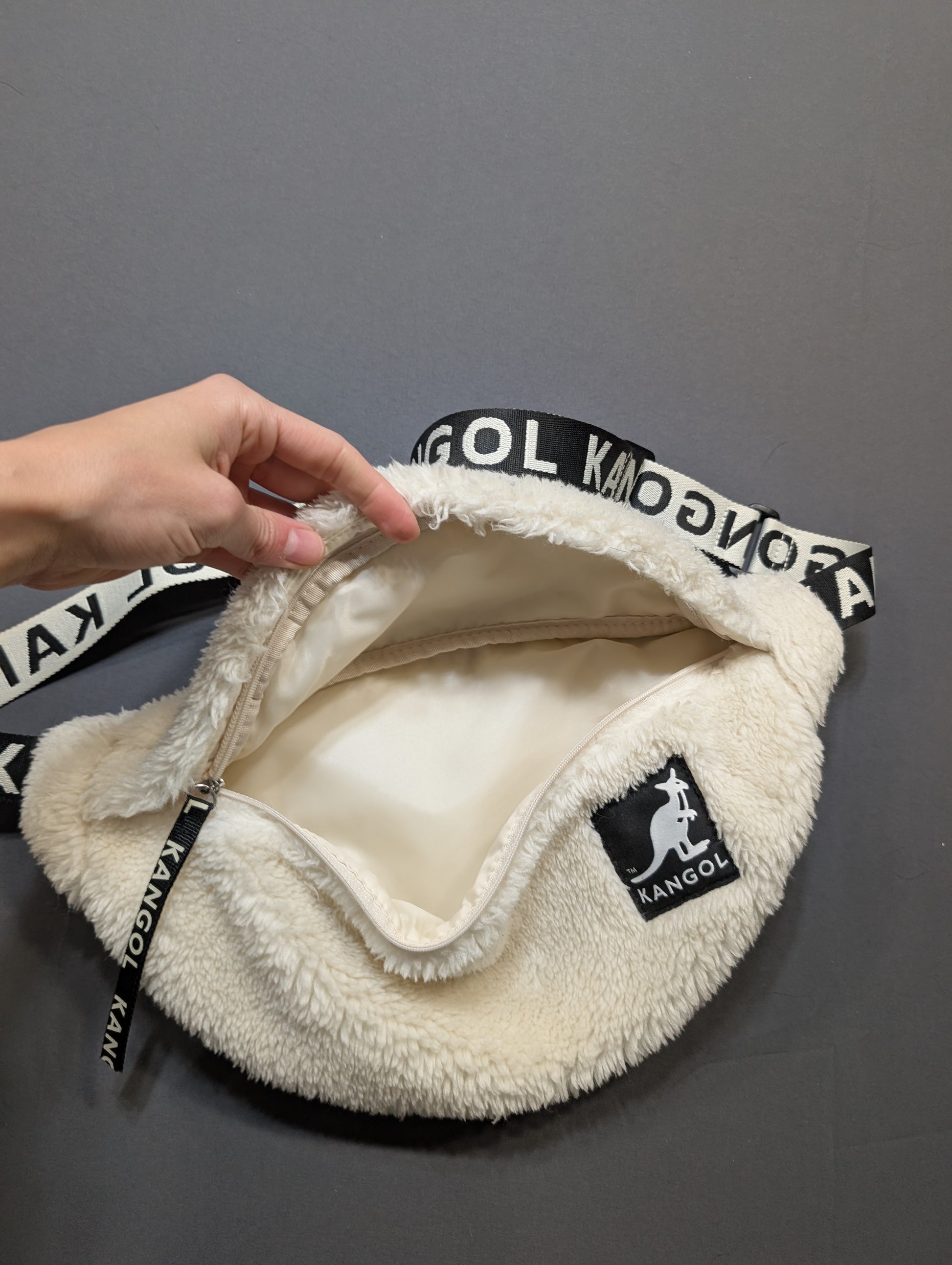 Kangol cream faux fur crossbody bag