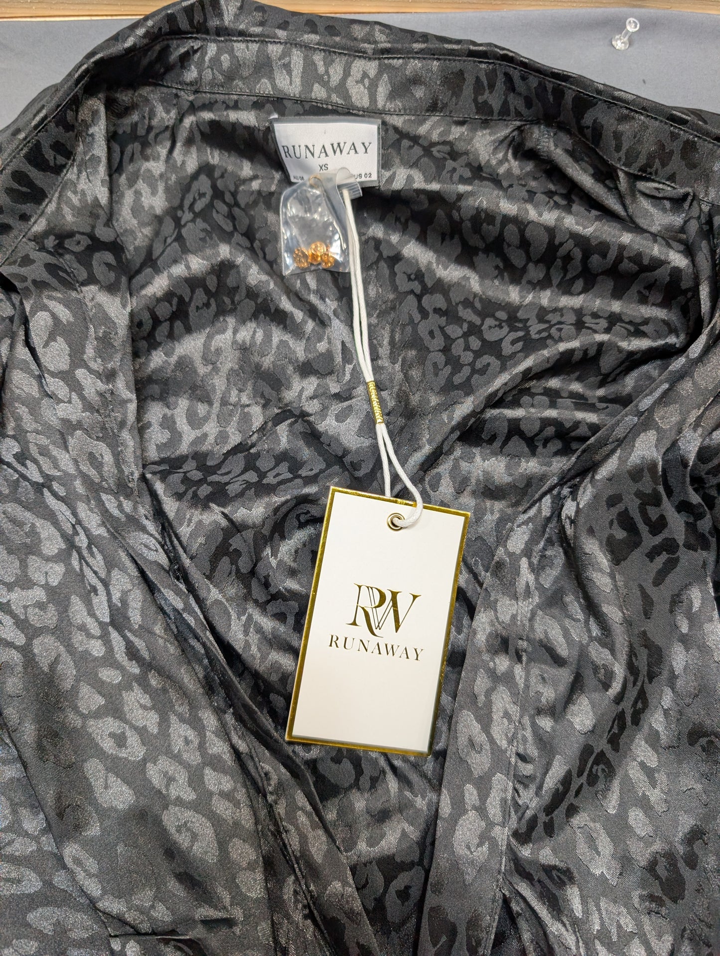Runaway black leopard print ruched long sleeve dress XS