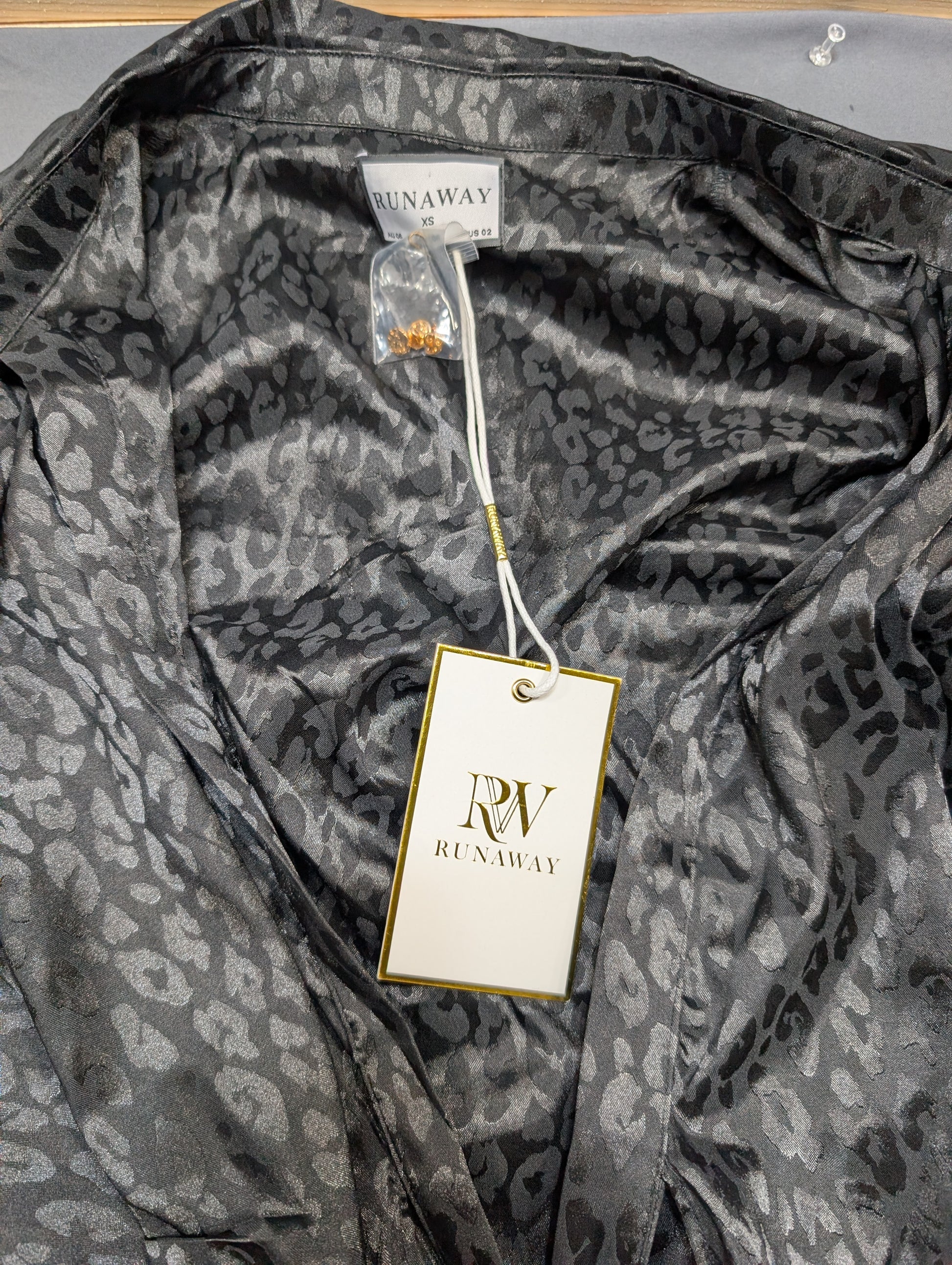 Runaway black leopard print ruched long sleeve dress XS