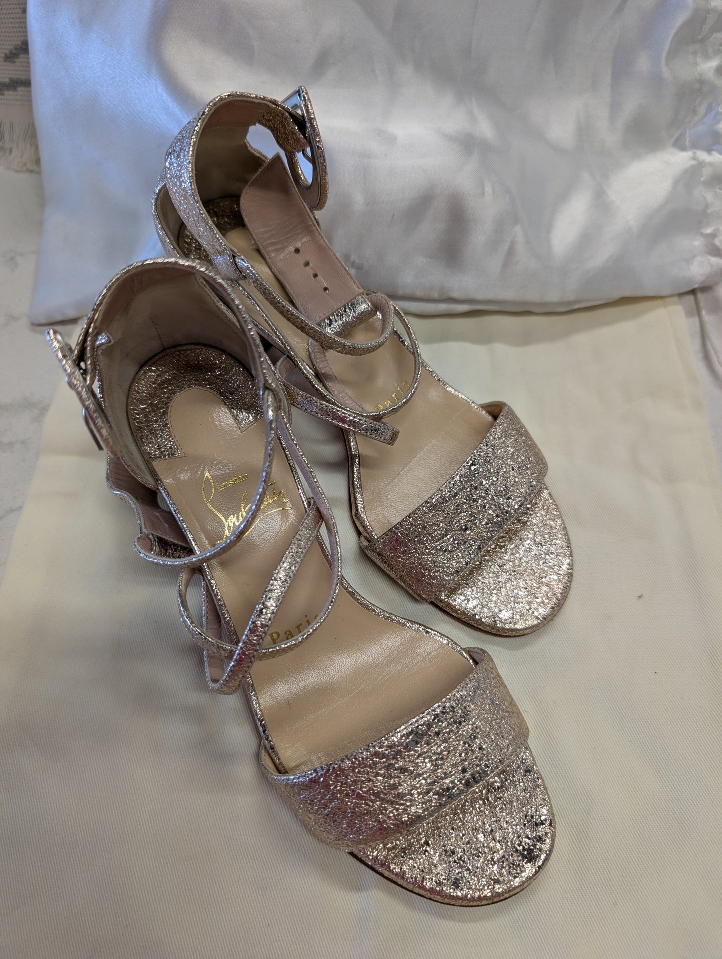 Christian Louboutin gold glitter block heel sandals