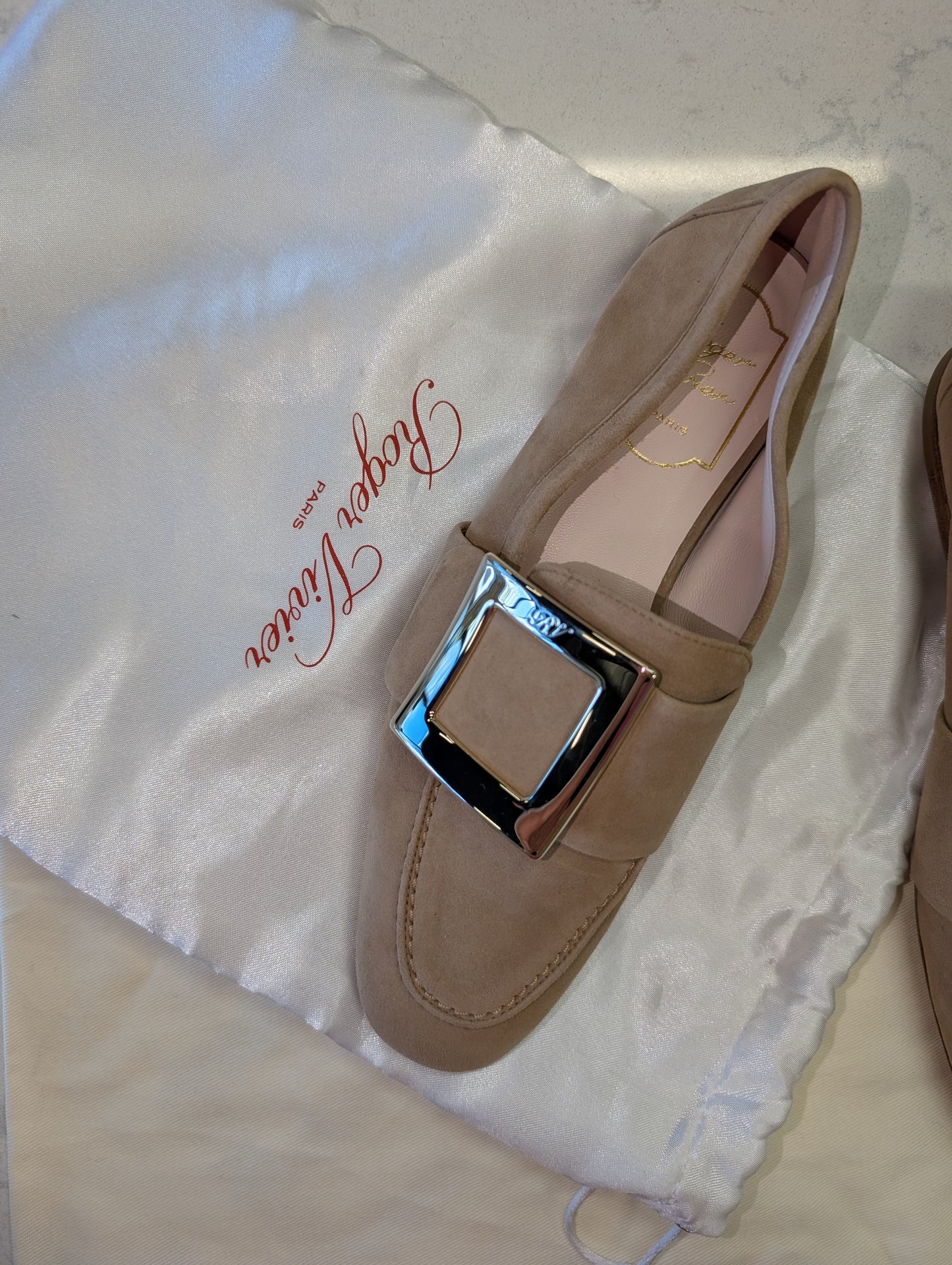 Roger Vivier Suede Loafers with Buckle, Beige, 36.5