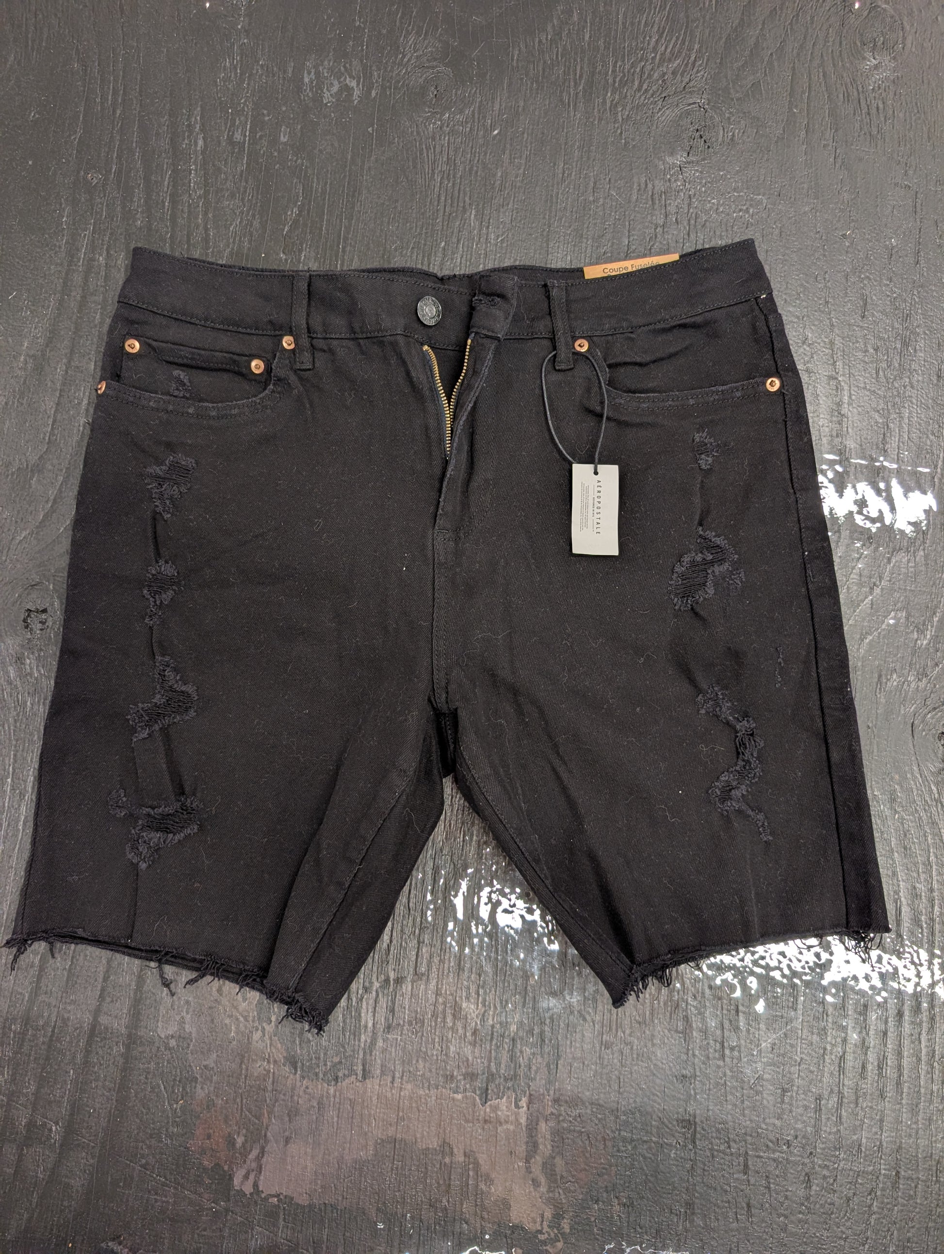 Aero Black Distressed Denim Shorts, Size 34, Like New