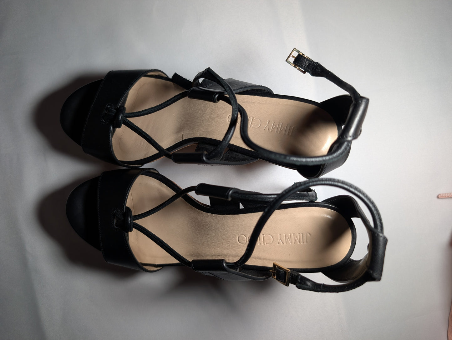 Jimmy Choo Black Leather Wedge Sandals - Size 37.5