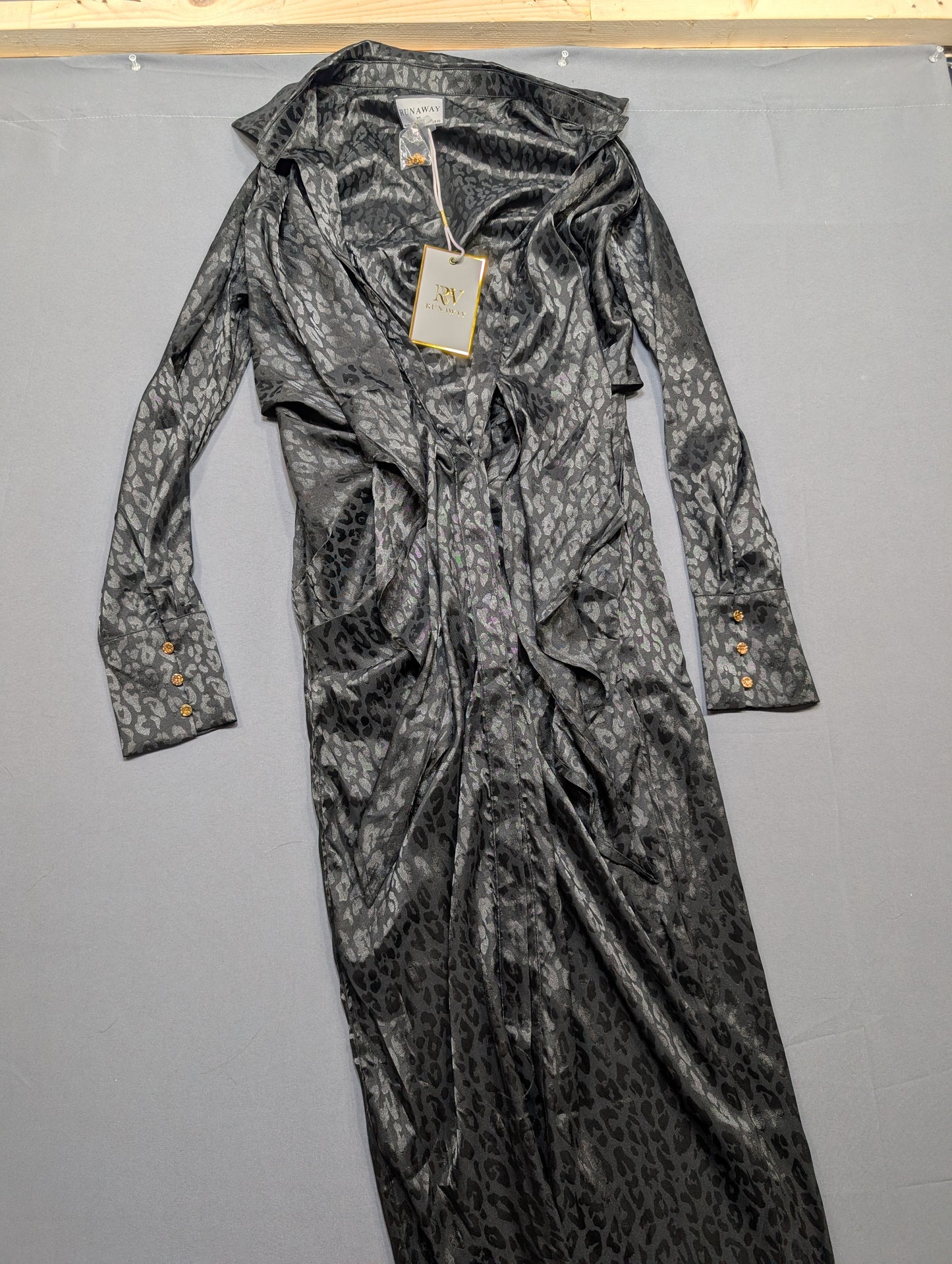 Runaway black leopard print ruched long sleeve dress XS