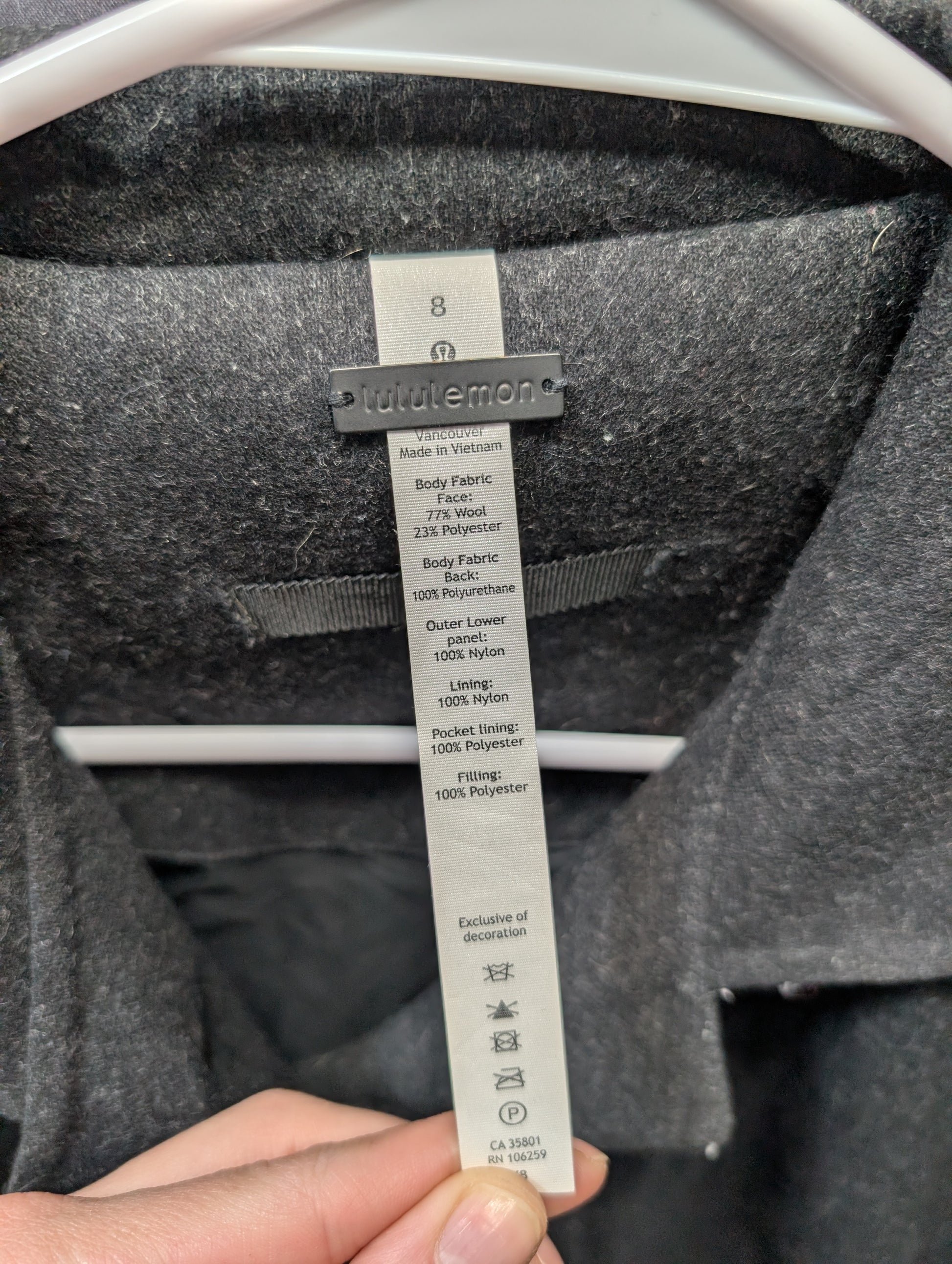 Lululemon Wool Blend Quilted Panel Coat, Size 8