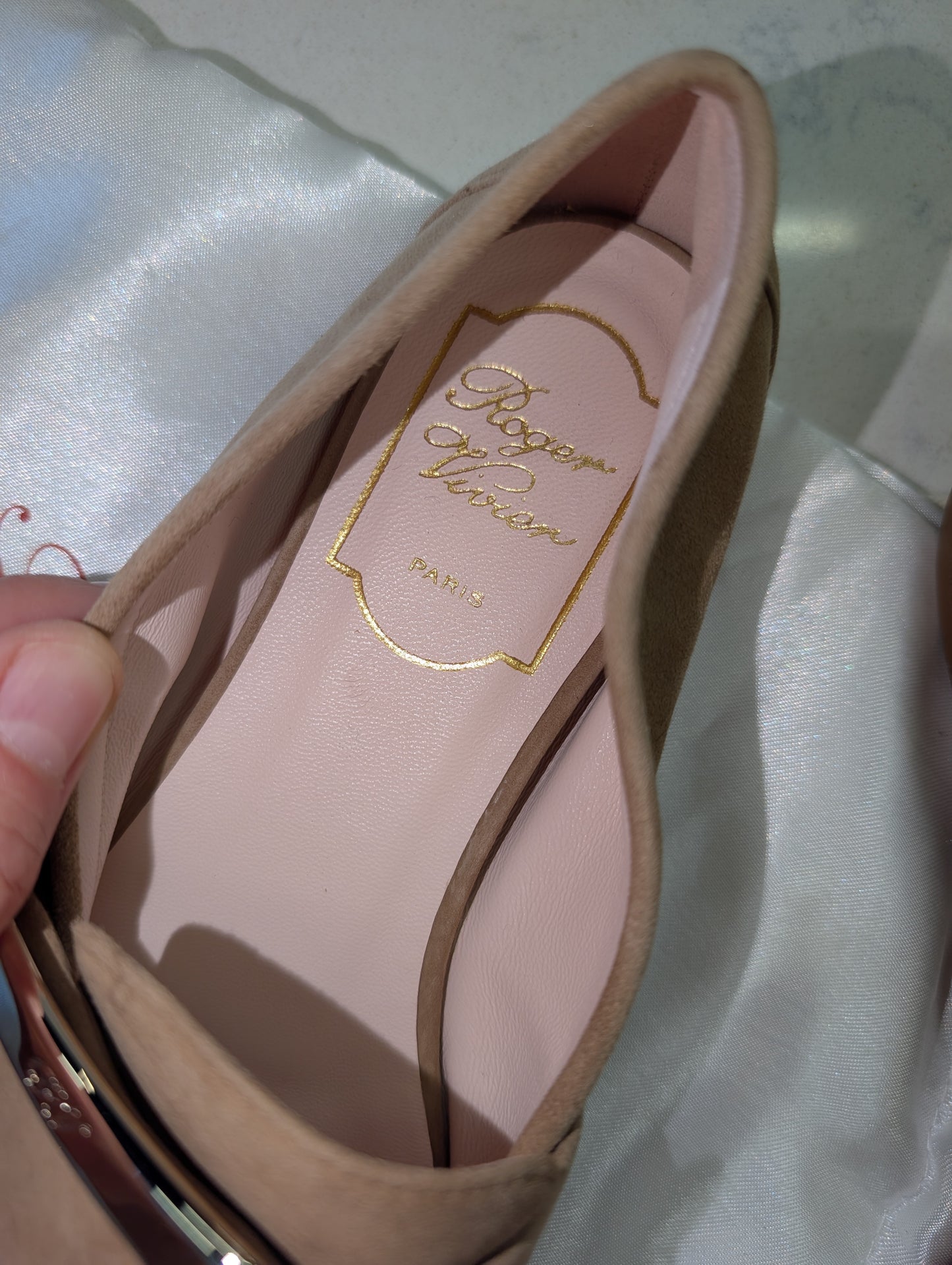 Roger Vivier Suede Loafers with Buckle, Beige, 36.5