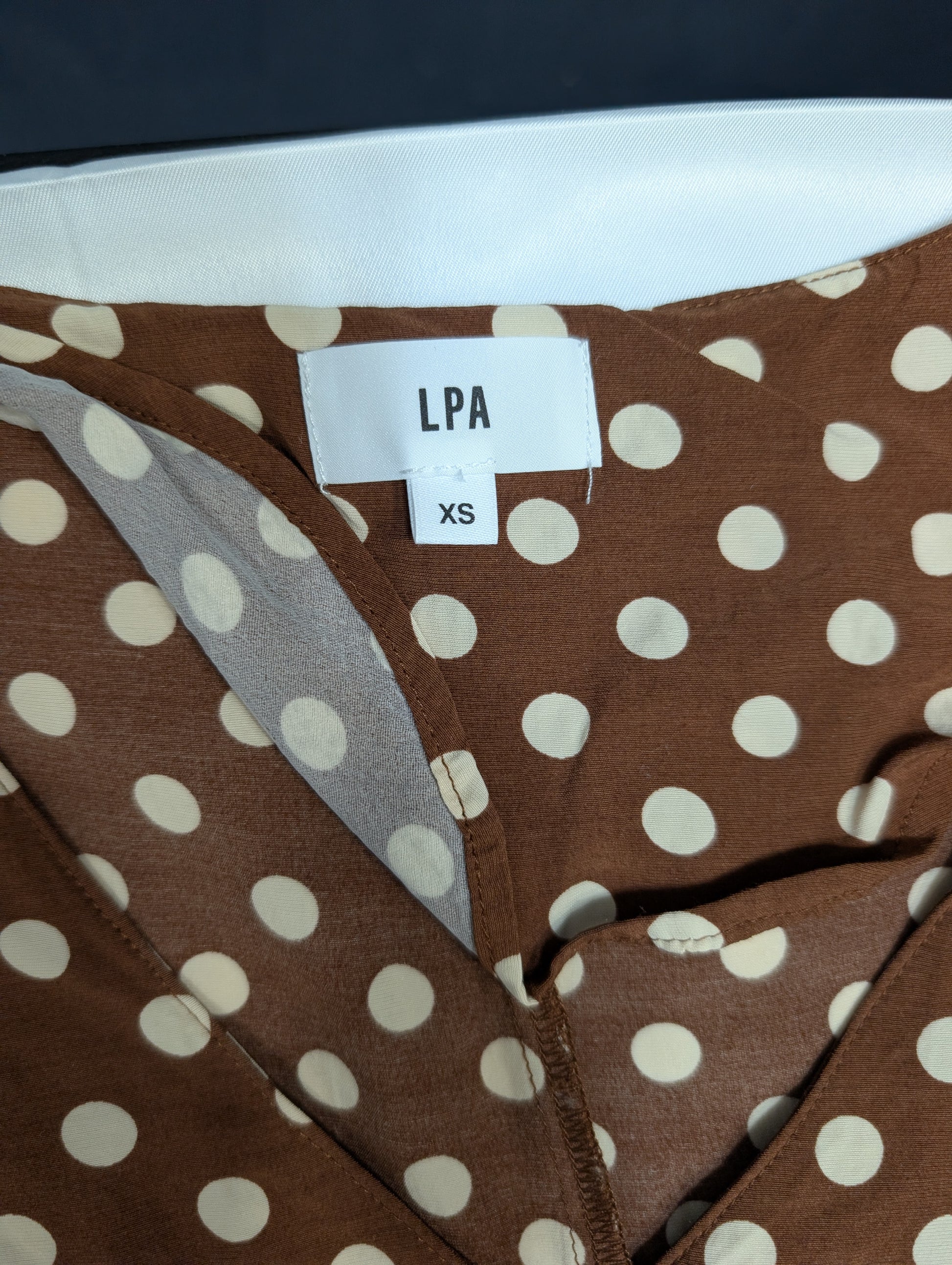 LPA XS Brown Polka Dot Button Front Midi Dress with Tie Waist
