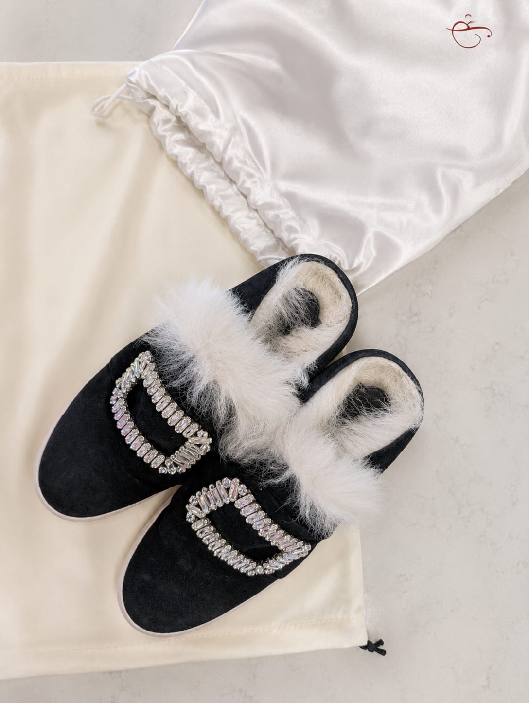 Roger Vivier Crystal Strass Buckle Fur Shearling Slippers w/ Dust Bag