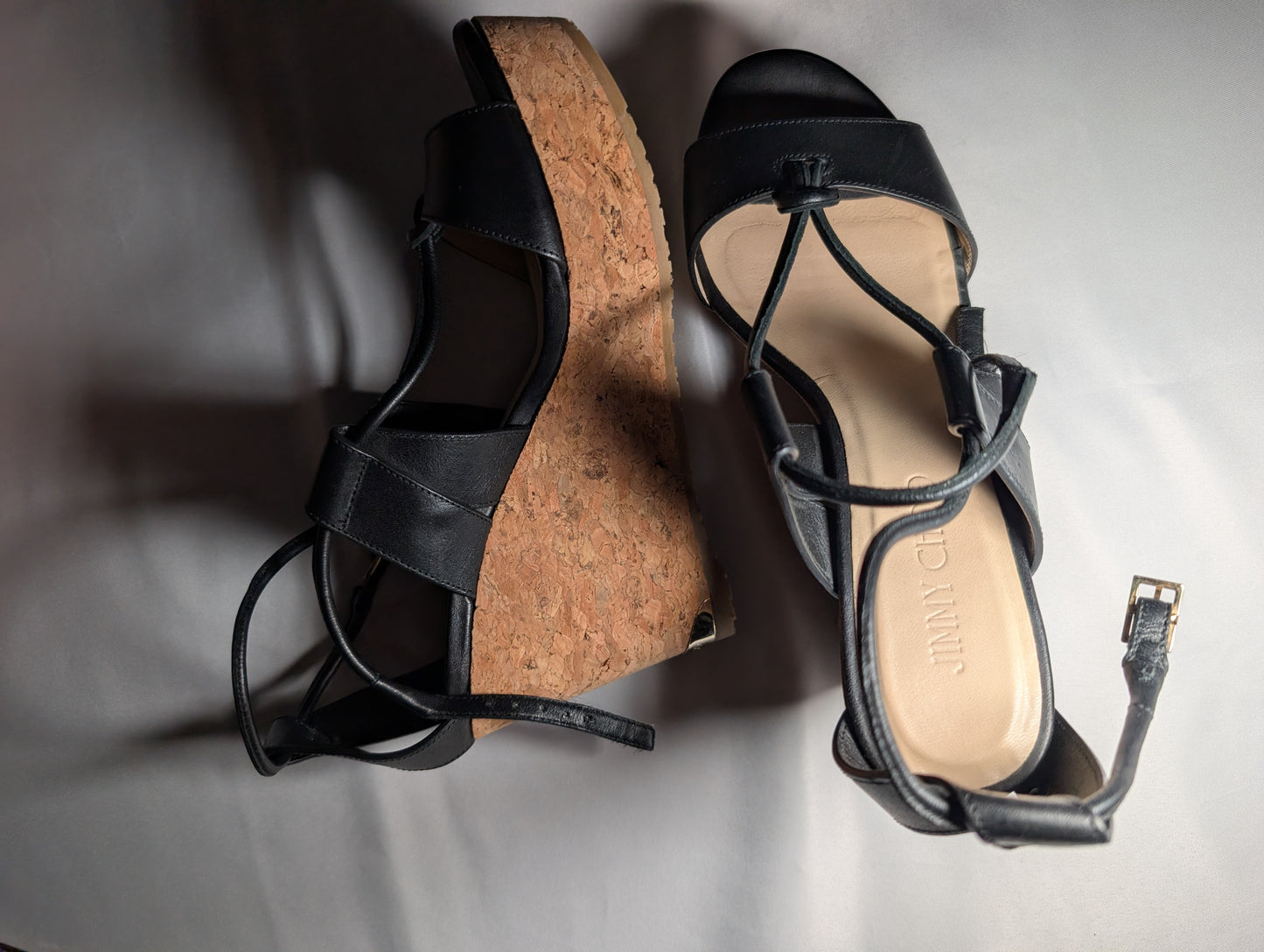 Jimmy Choo Black Leather Wedge Sandals - Size 37.5