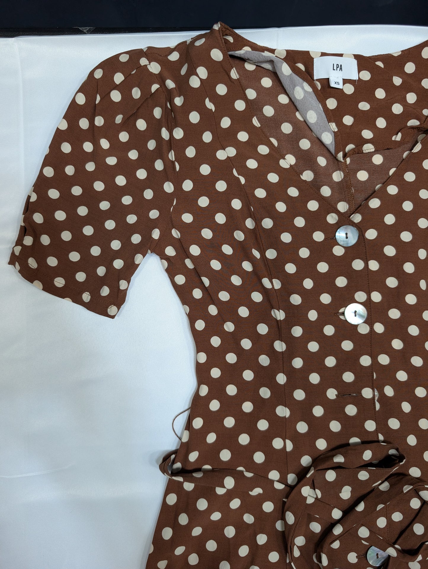 LPA XS Brown Polka Dot Button Front Midi Dress with Tie Waist