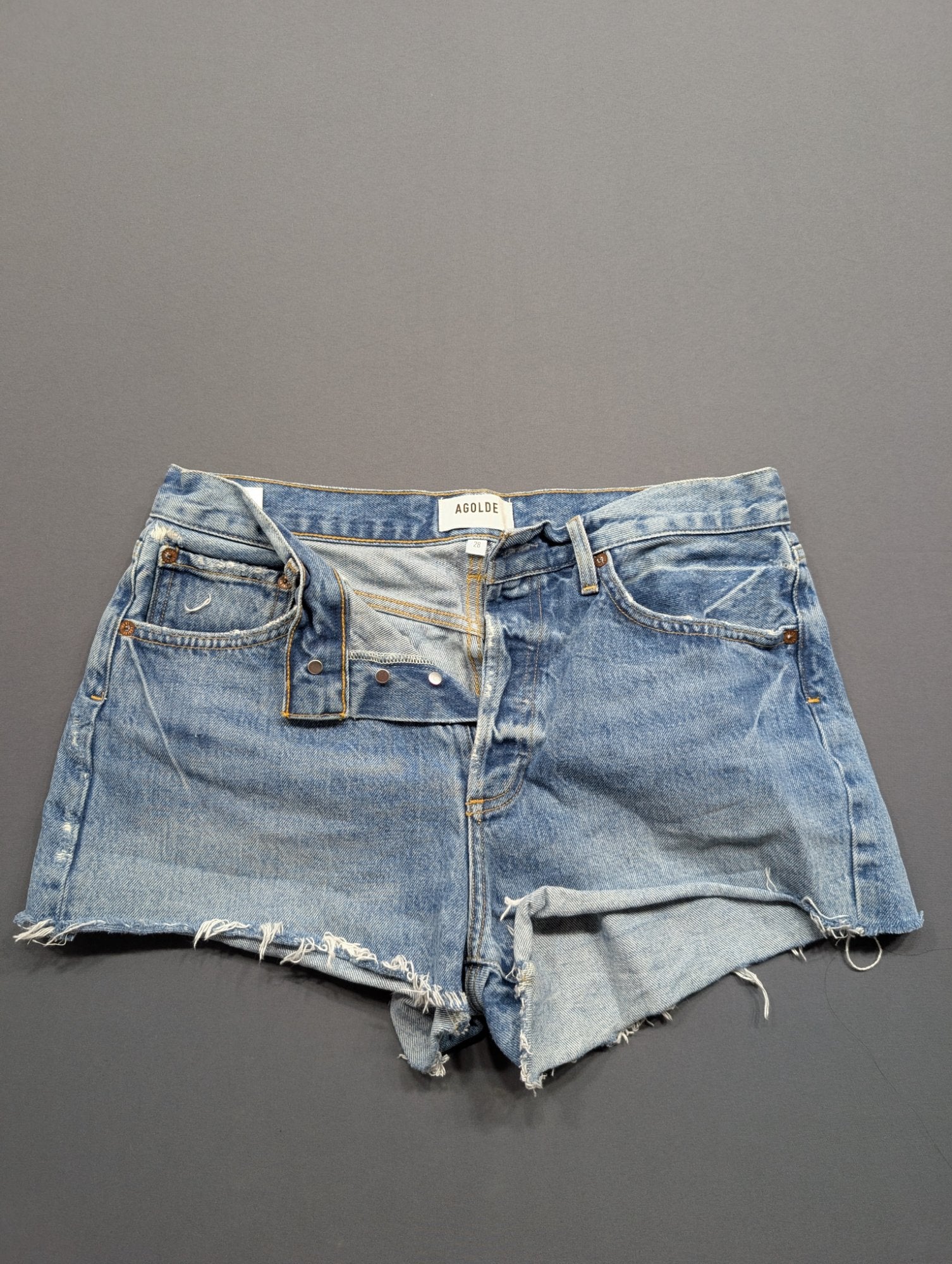 AGOLDE Size 28 Women's Denim Cut-Off Shorts Button-Fly Blue Frayed