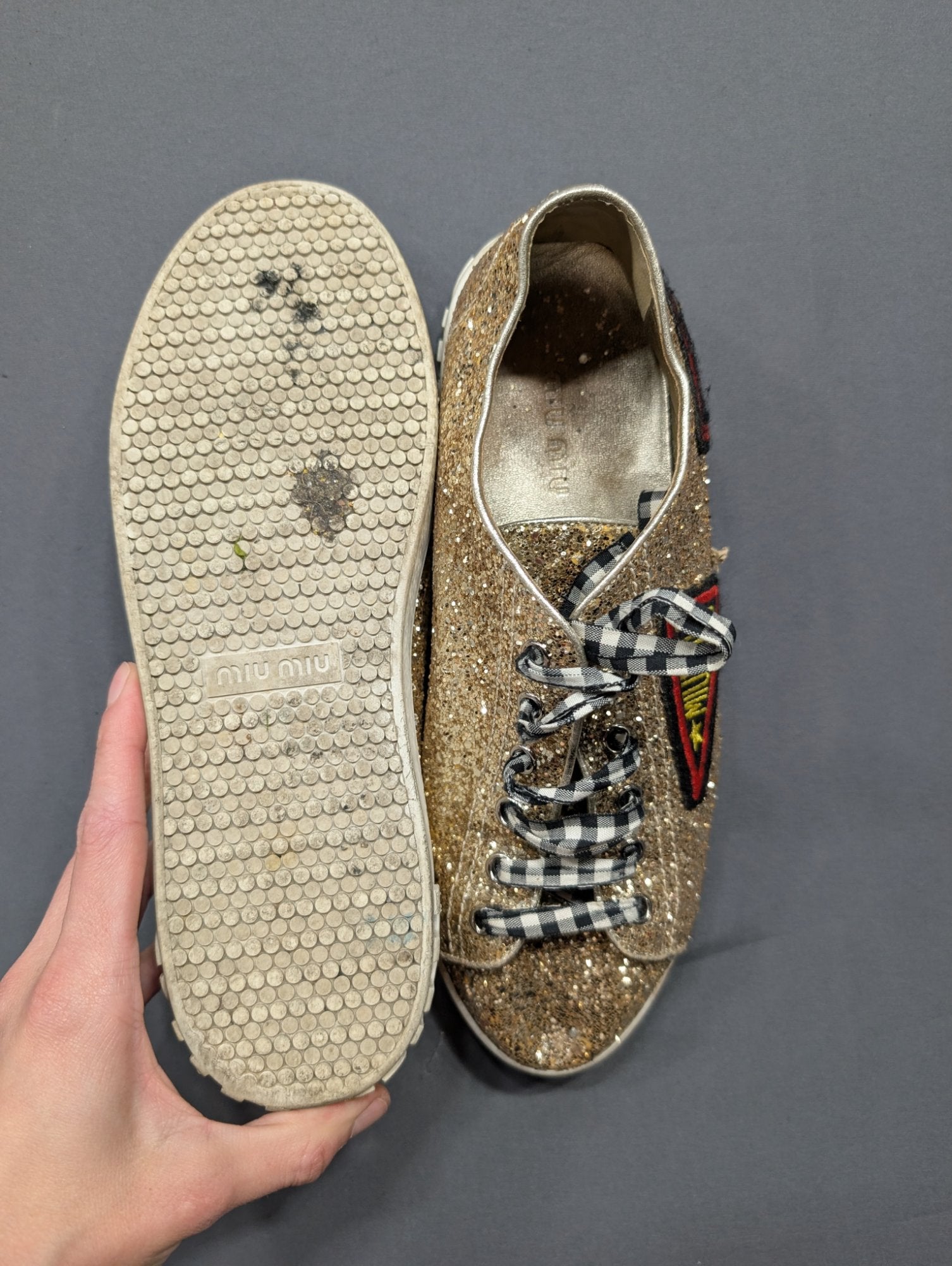 Miu Miu Gold Glitter Sneakers Patch Gingham Laces Women's