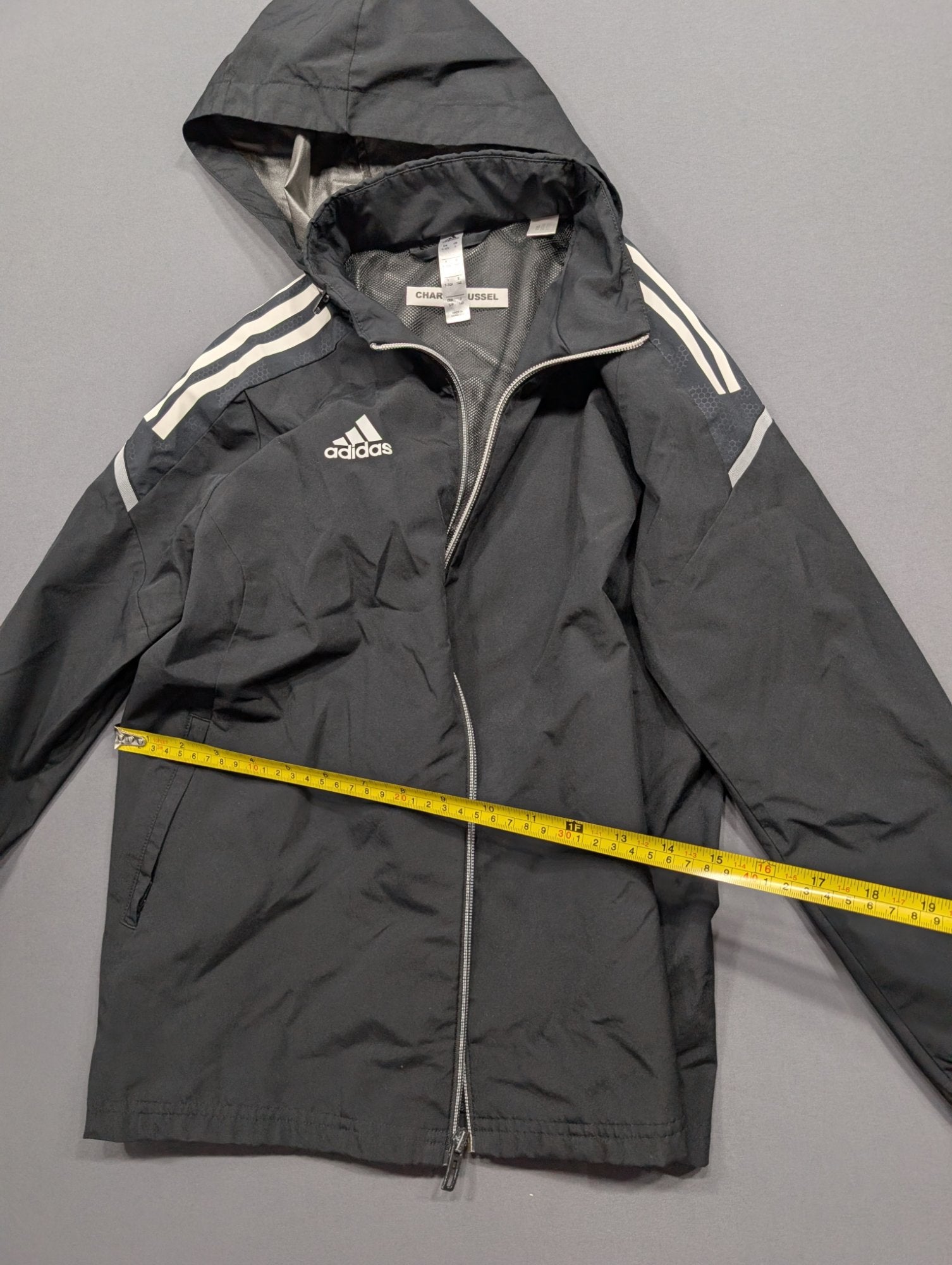Adidas Kids Hooded Rain Jacket Black 3-Stripe Size S (9-10Y)