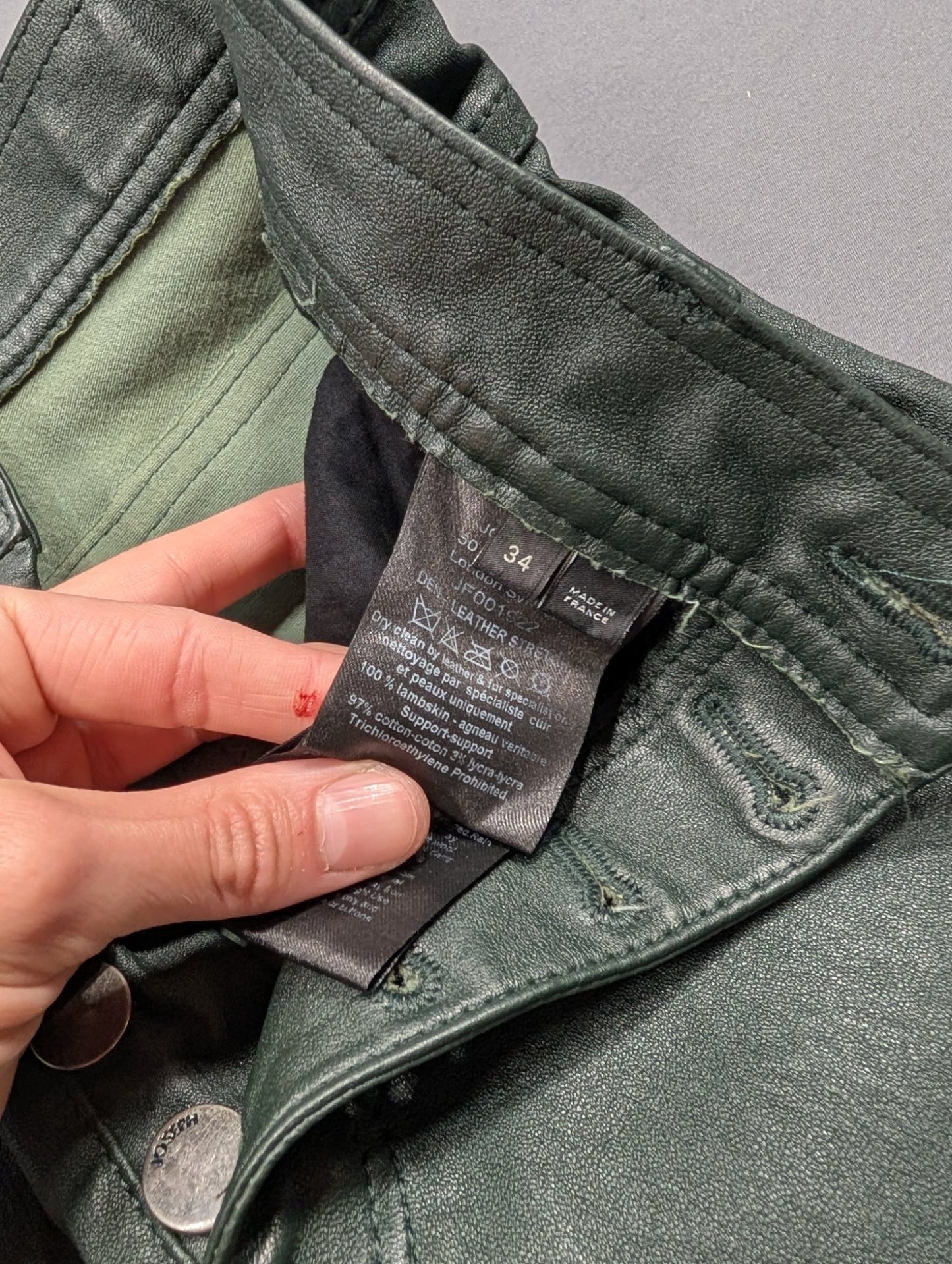 Joseph London Lambskin Leather Pants Green Slim 5-Pocket Size 34