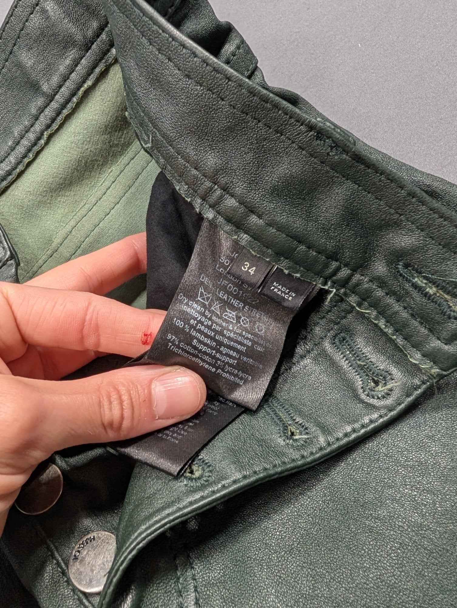 Joseph London Lambskin Leather Pants Green Slim 5-Pocket Size 34