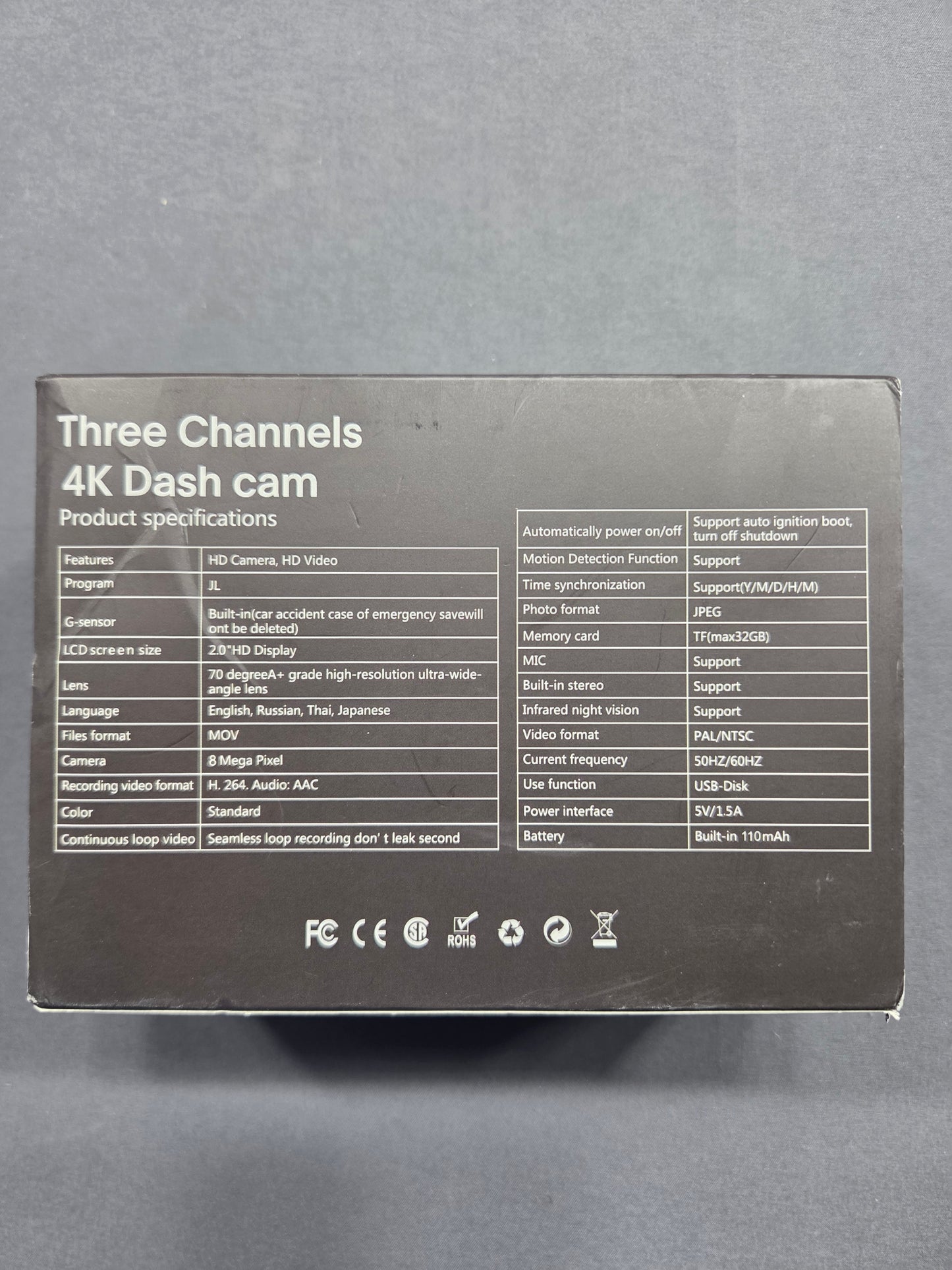 Three Channel 4K Dash Cam Front Inside Rear IR Night Vision 8MP 70°