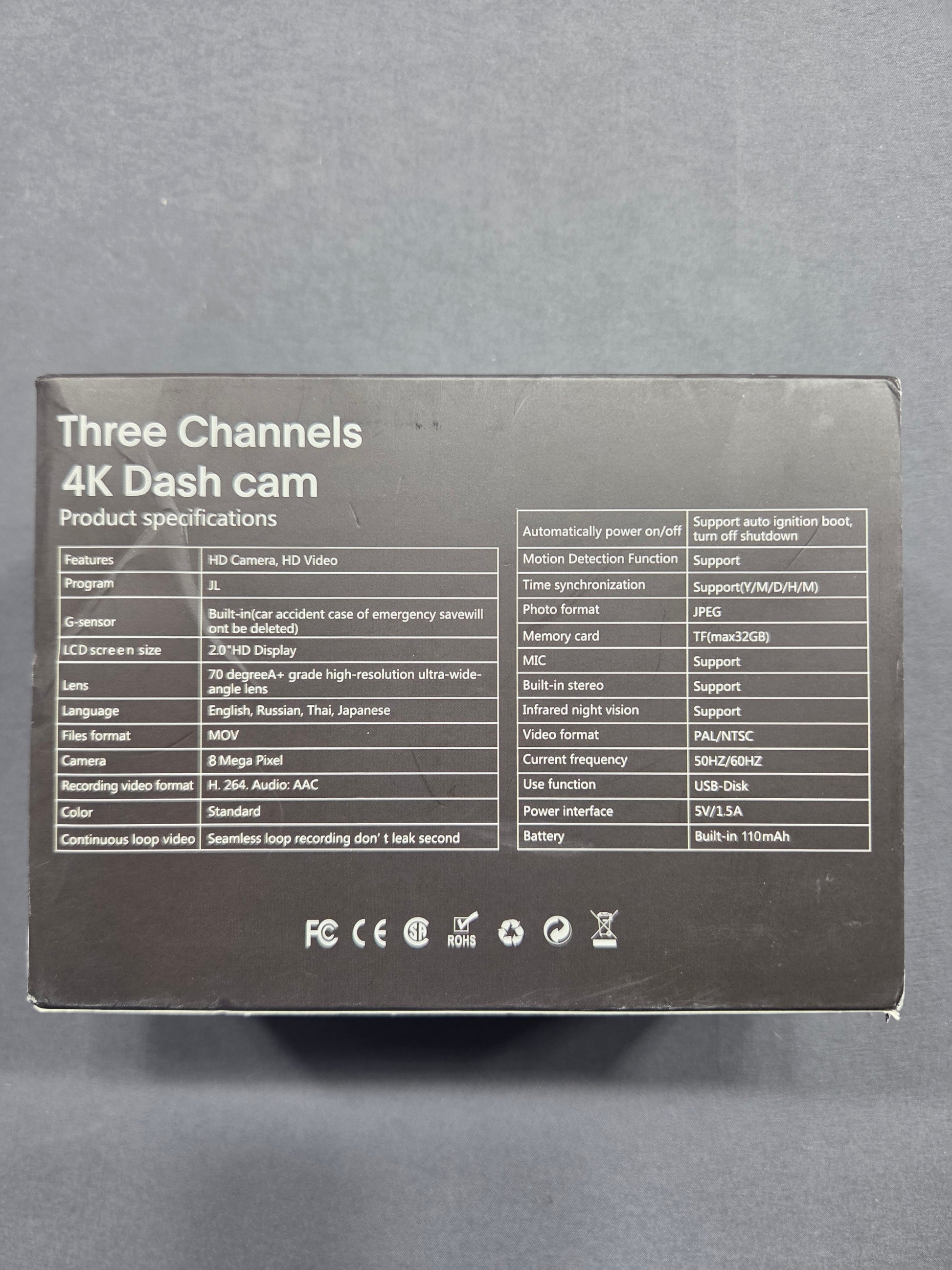 Three Channel 4K Dash Cam Front Inside Rear IR Night Vision 8MP 70°