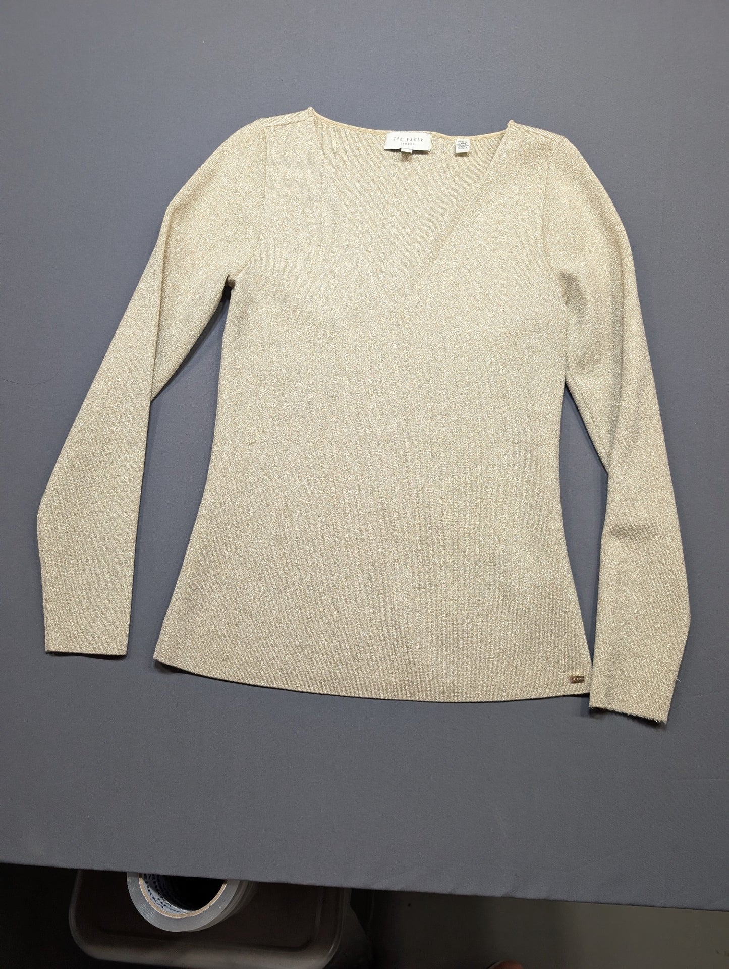 Ted Baker London Women's Gold Metallic V-Neck Sweater Size 3 (M)