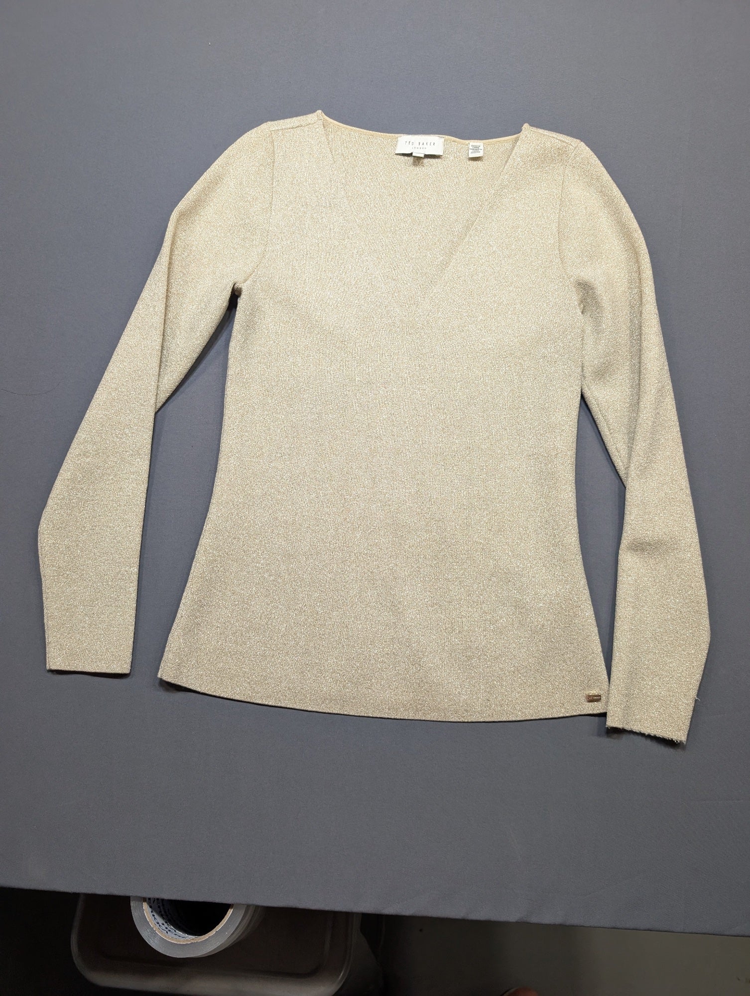 Ted Baker London Women's Gold Metallic V-Neck Sweater Size 3 (M)