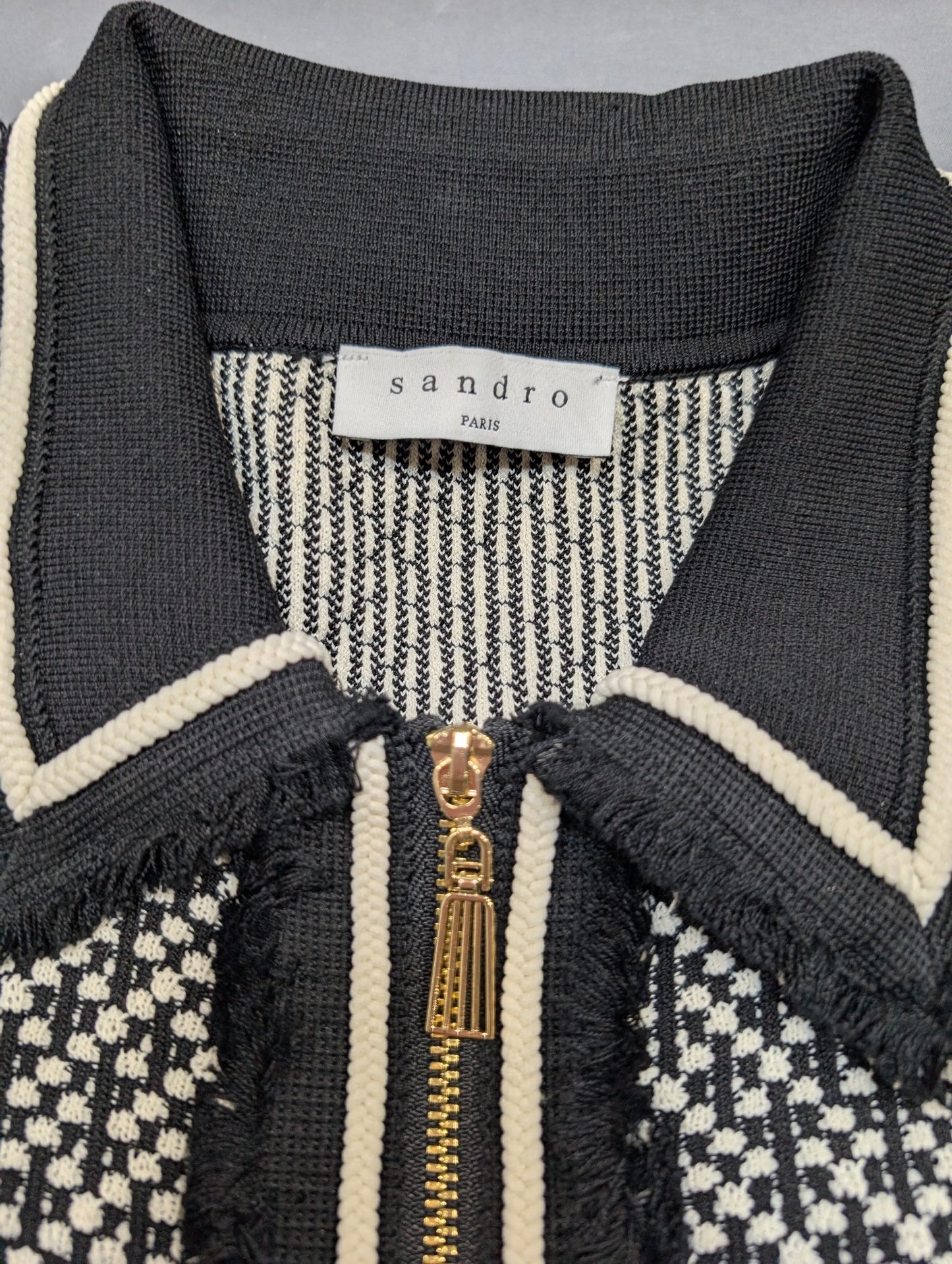 Sandro Paris Knit Zip-Front Dress Black White Tweed S