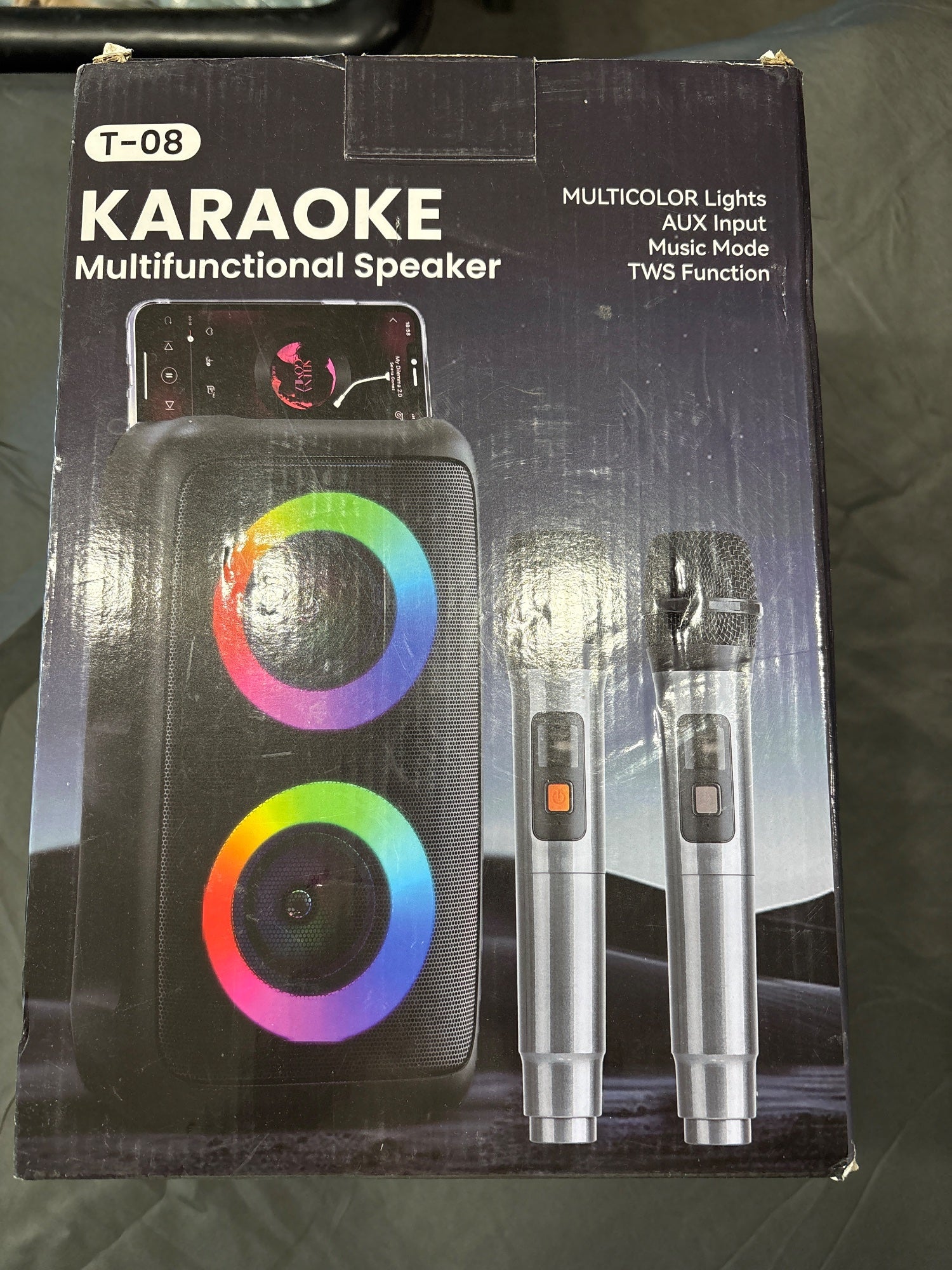 T-08 Karaoke Multifunctional Speaker 10W BT TWS 2 Wireless Mics RGB