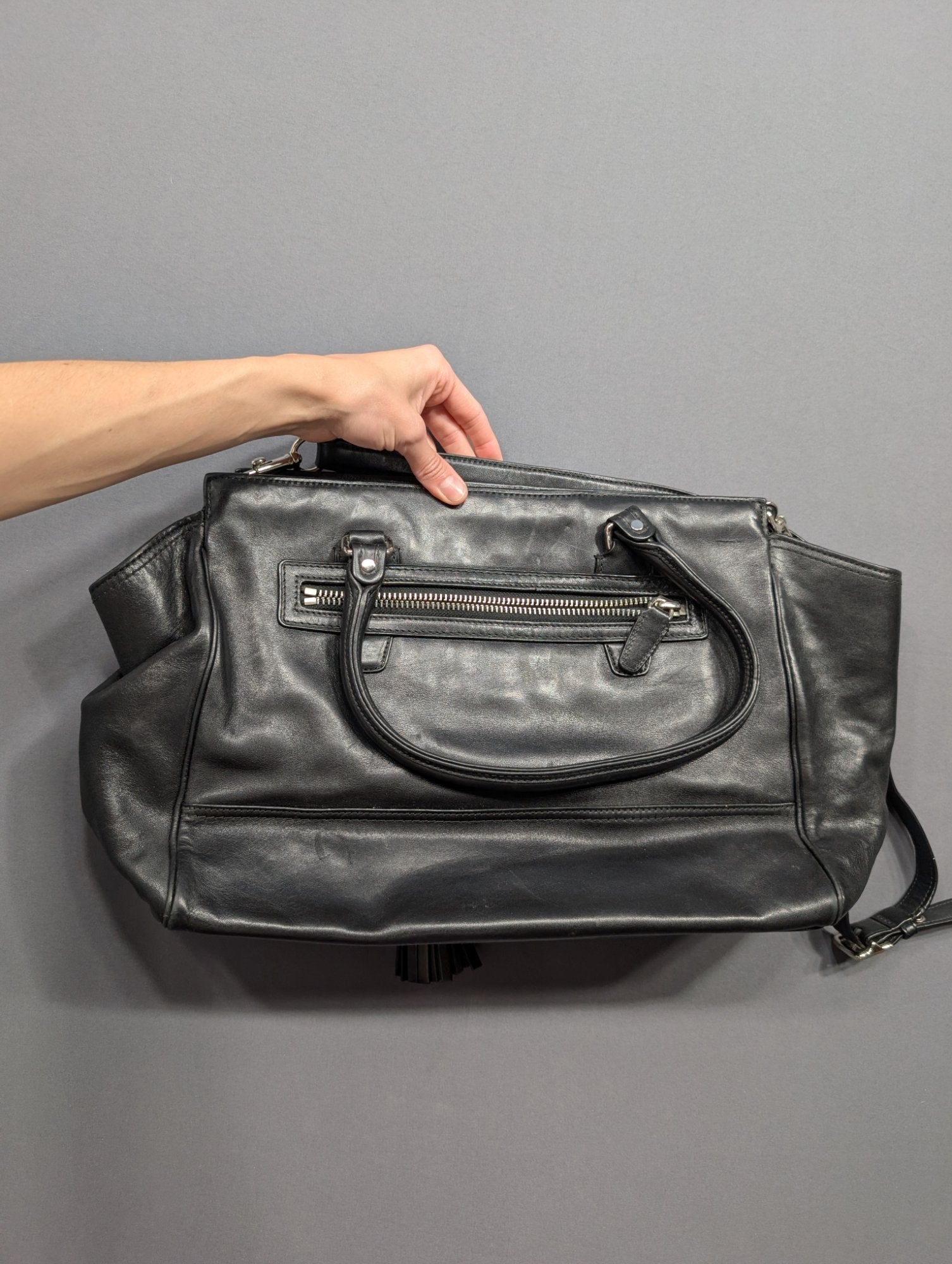 Coach Black Leather Large Satchel Tote Bag Tassel Crossbody