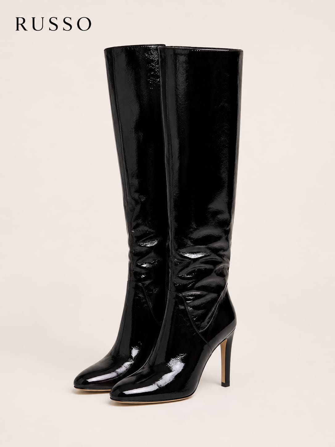 Russo Black Patent Leather Knee-High Boots, Size 38