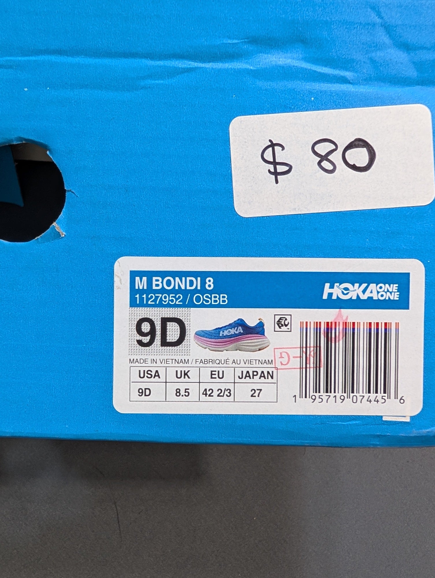 HOKA Bondi 8 Men's Running Shoe Blue Pink Size US 9D EU 42 2/3