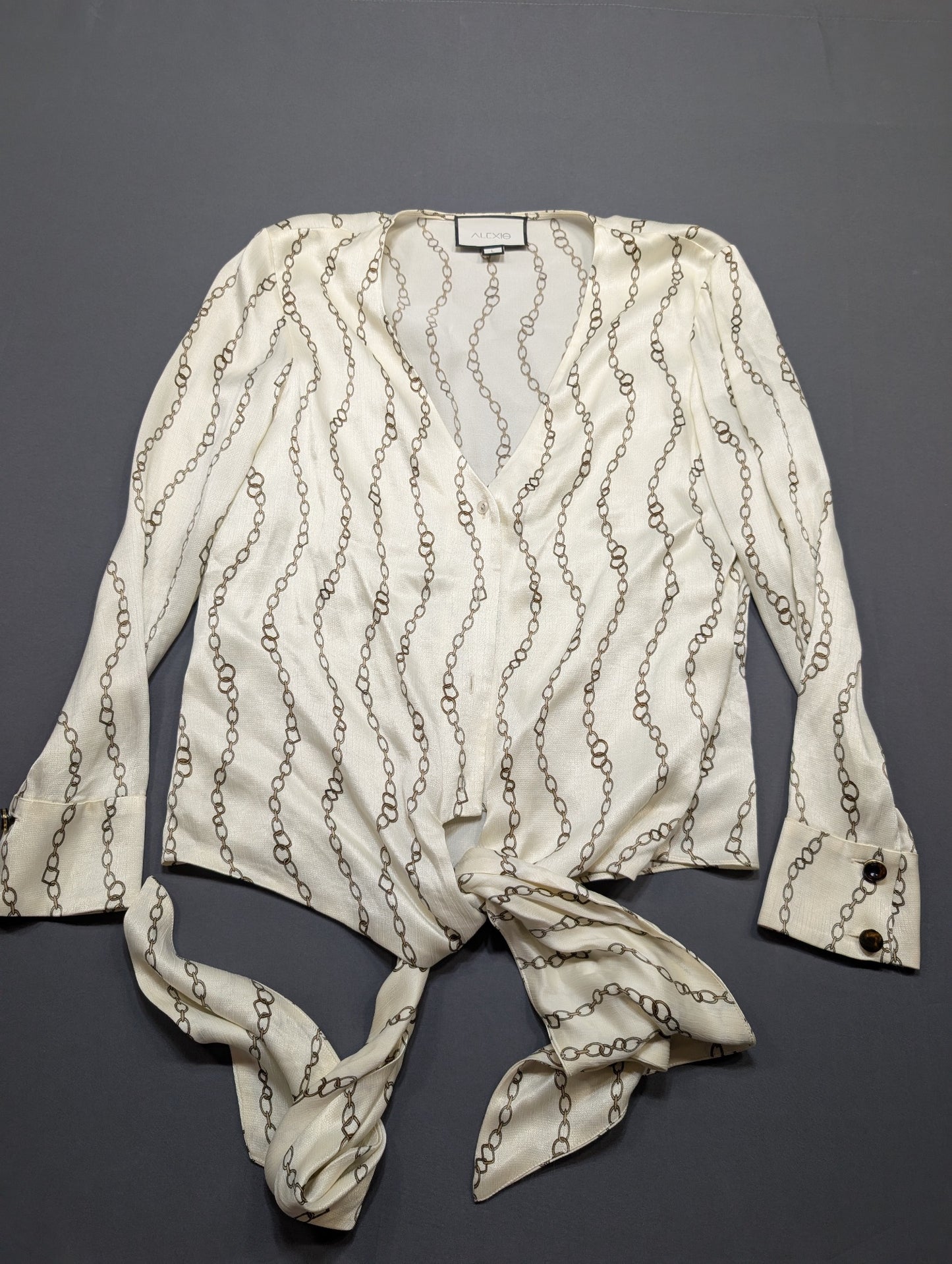 Alexis Chain Print Tie-Front Blouse Long Sleeve V-Neck Top Size L